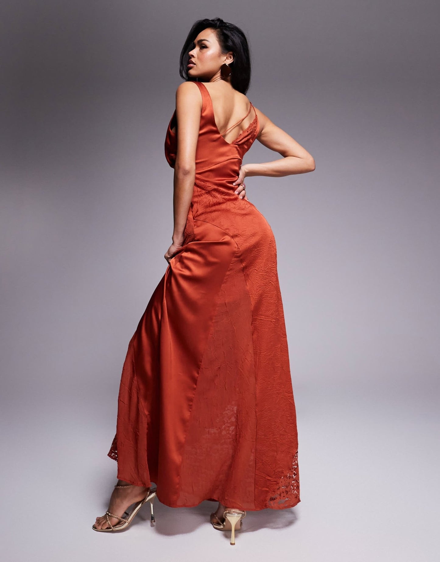 ASOS DESIGN cowl neck satin maxi dress with lace panelling in rust - ASOS Sample Sale