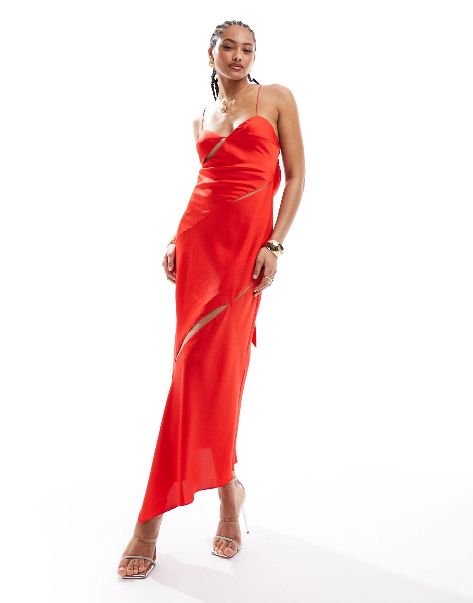 ASOS DESIGN cowl neck satin midi dress with cut outs and buckle detail in bright red - ASOS Sample Sale