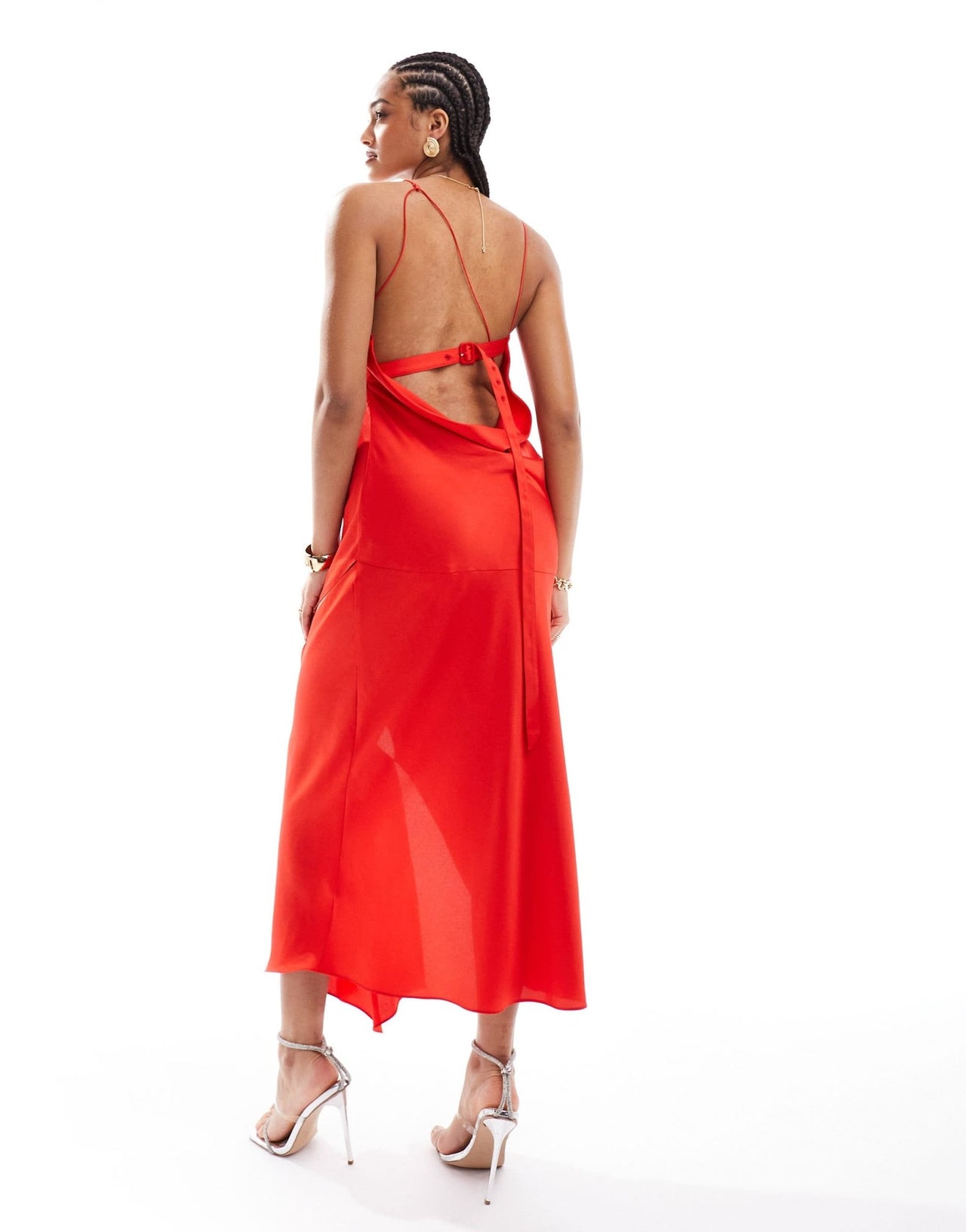 ASOS DESIGN cowl neck satin midi dress with cut outs and buckle detail in bright red - ASOS Sample Sale