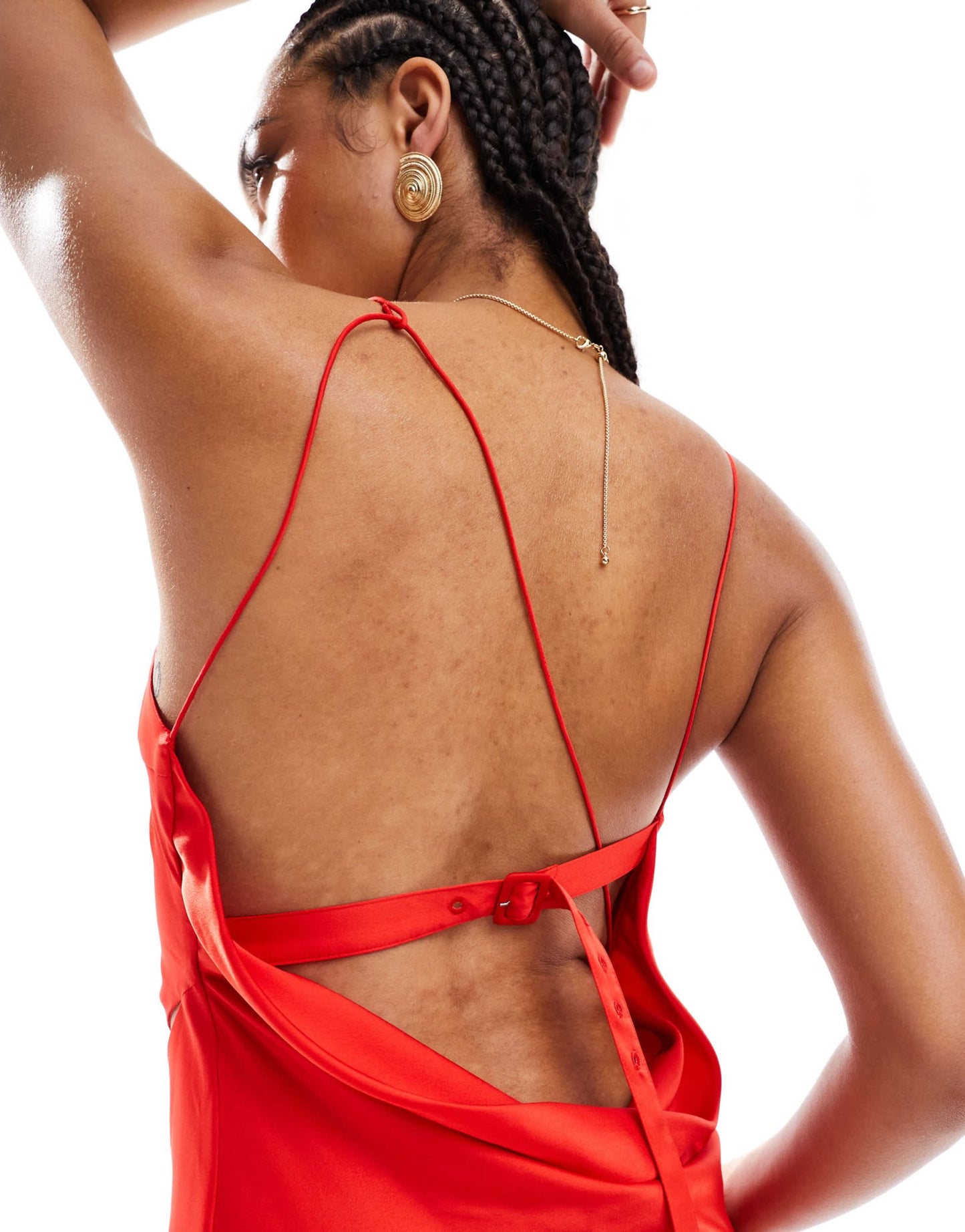 ASOS DESIGN cowl neck satin midi dress with cut outs and buckle detail in bright red - ASOS Sample Sale