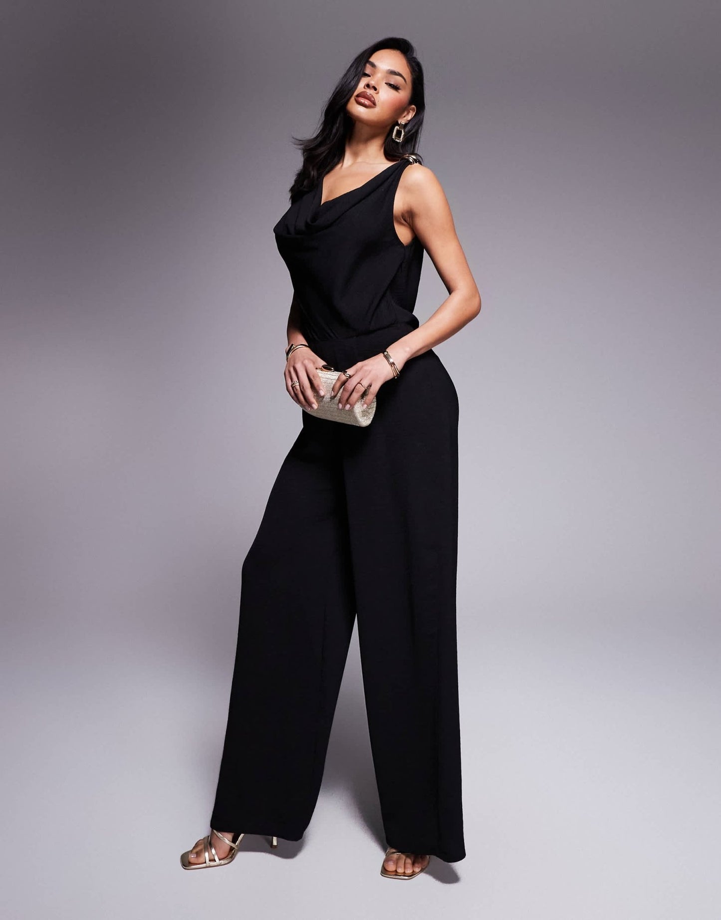 ASOS DESIGN cowl neck wide leg jumpsuit with gold hardware in black - ASOS Sample Sale