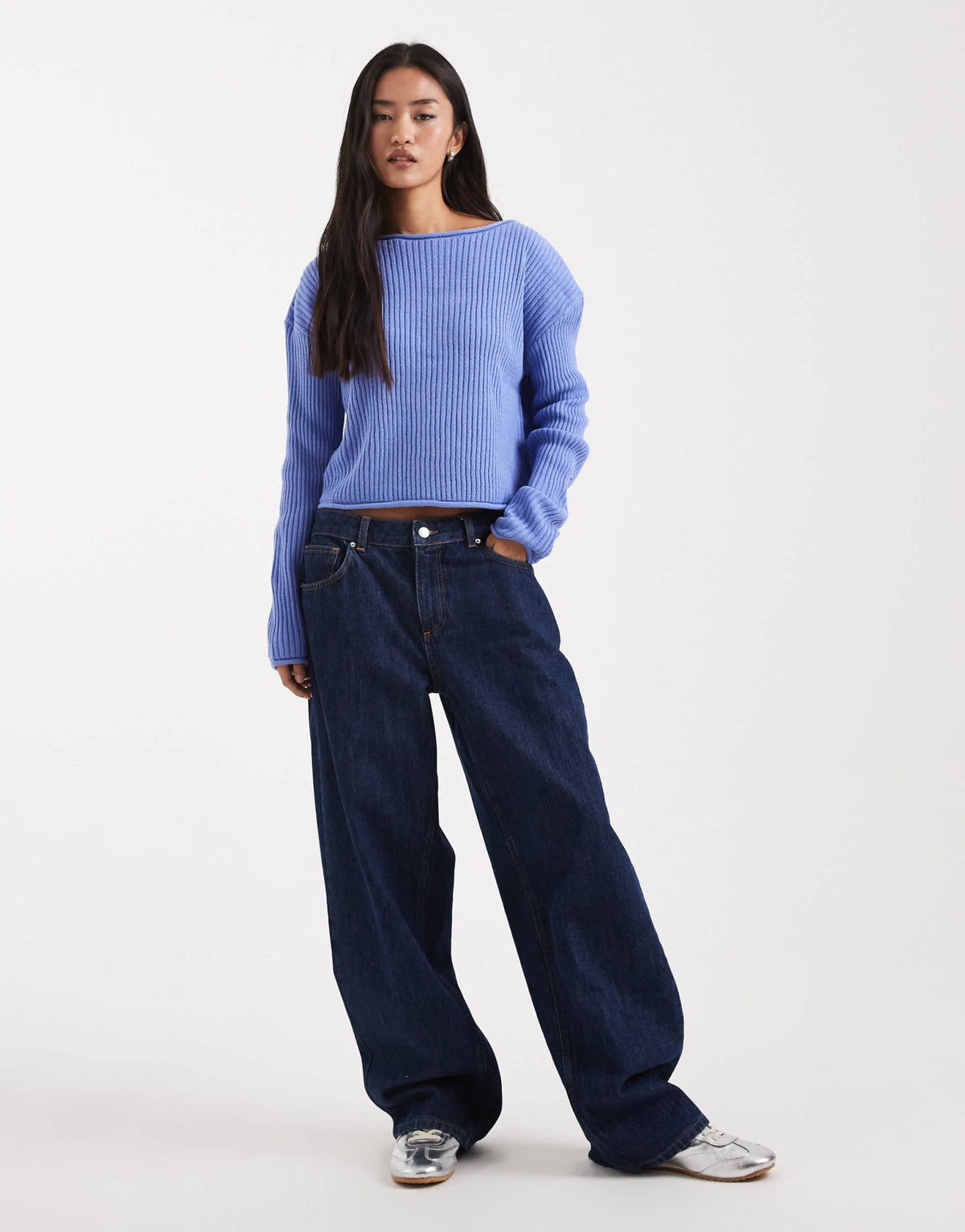 ASOS DESIGN crew neck boxy rib jumper with rolled edge in blue - ASOS Sample Sale
