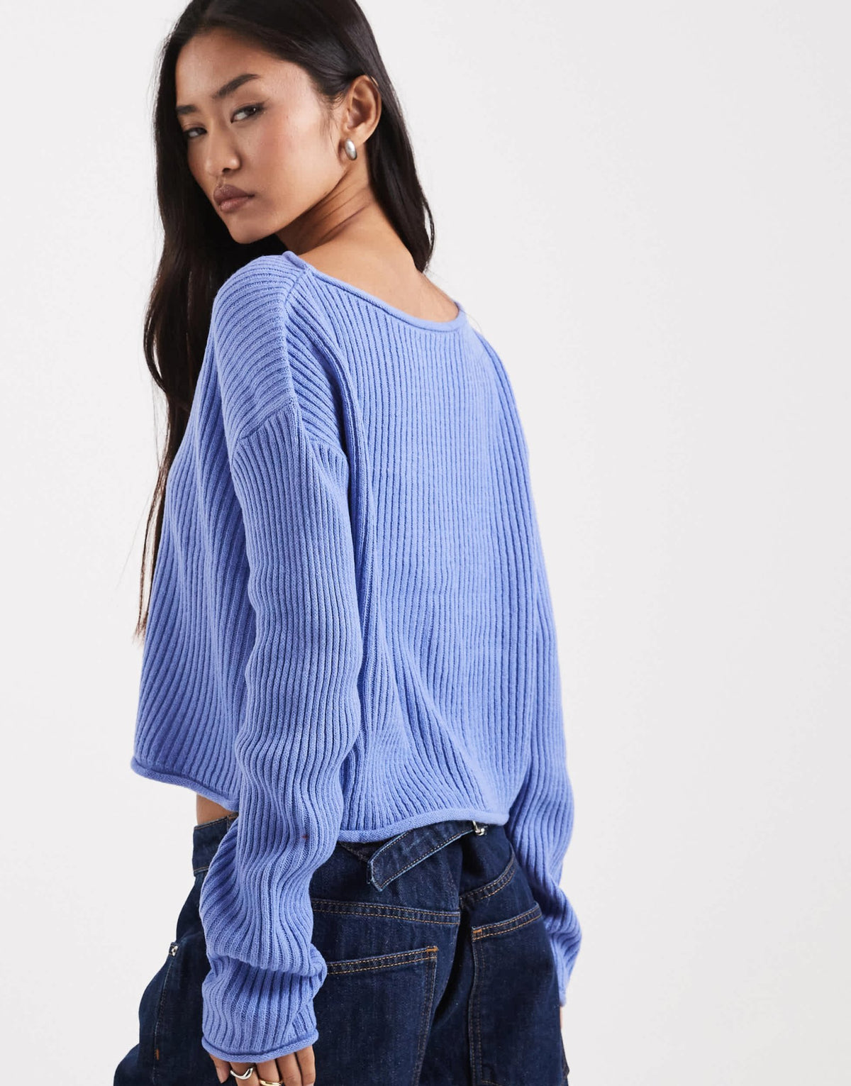 ASOS DESIGN crew neck boxy rib jumper with rolled edge in blue - ASOS Sample Sale
