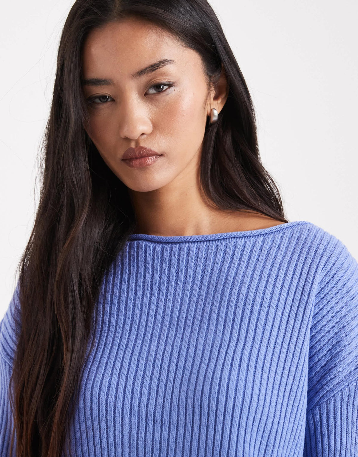 ASOS DESIGN crew neck boxy rib jumper with rolled edge in blue - ASOS Sample Sale