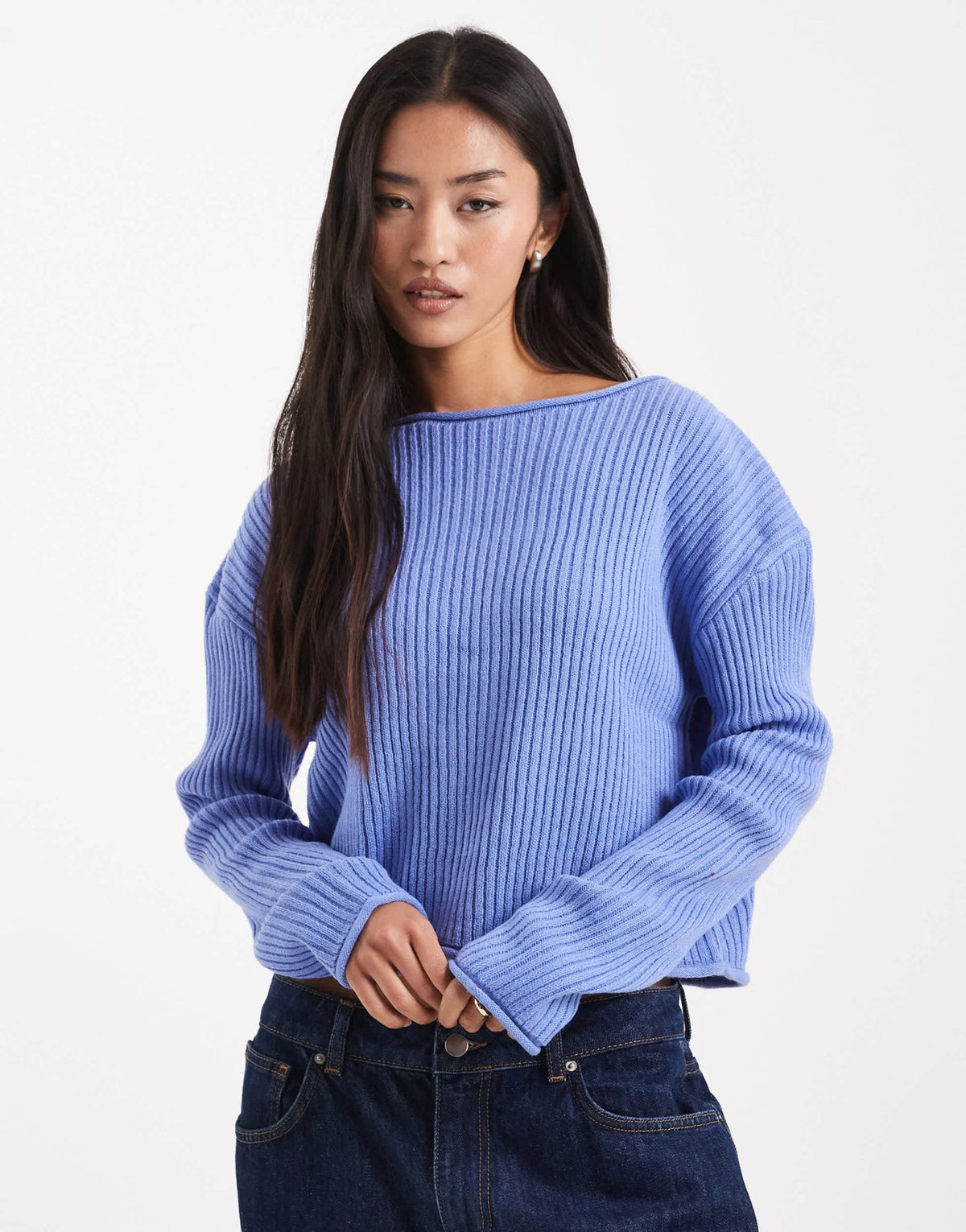 ASOS DESIGN crew neck boxy rib jumper with rolled edge in blue - ASOS Sample Sale