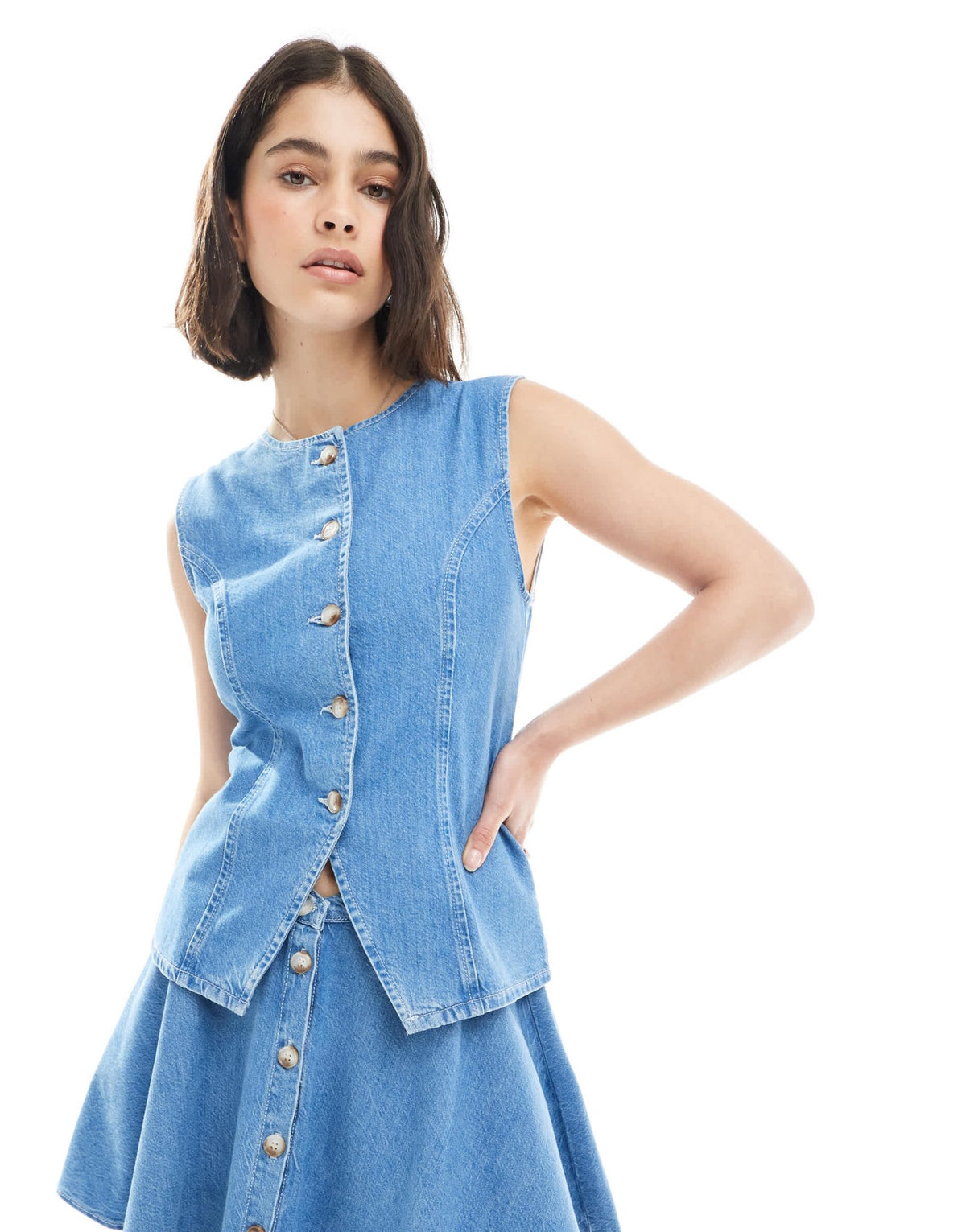 ASOS DESIGN crew neck waistcoat co-ord in light midwash - ASOS Sample Sale