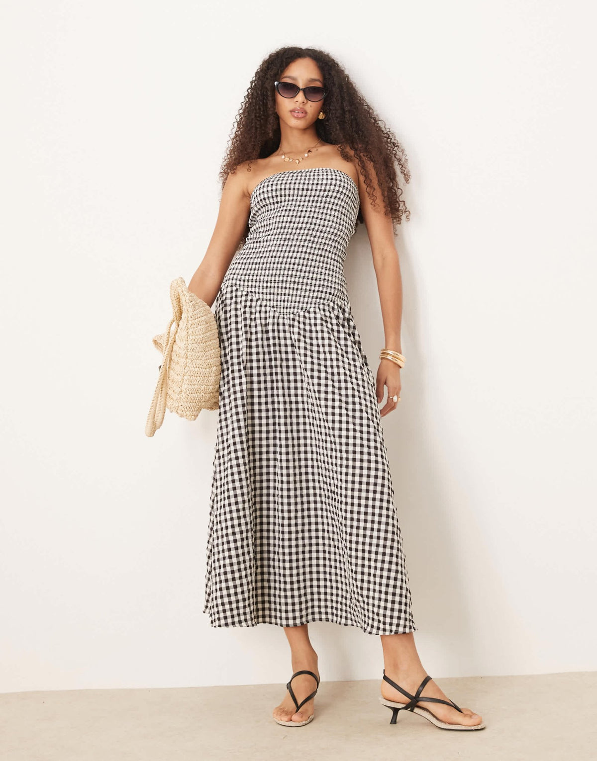 ASOS DESIGN crinkle bandeau maxi sundress in black and white ginham - ASOS Sample Sale