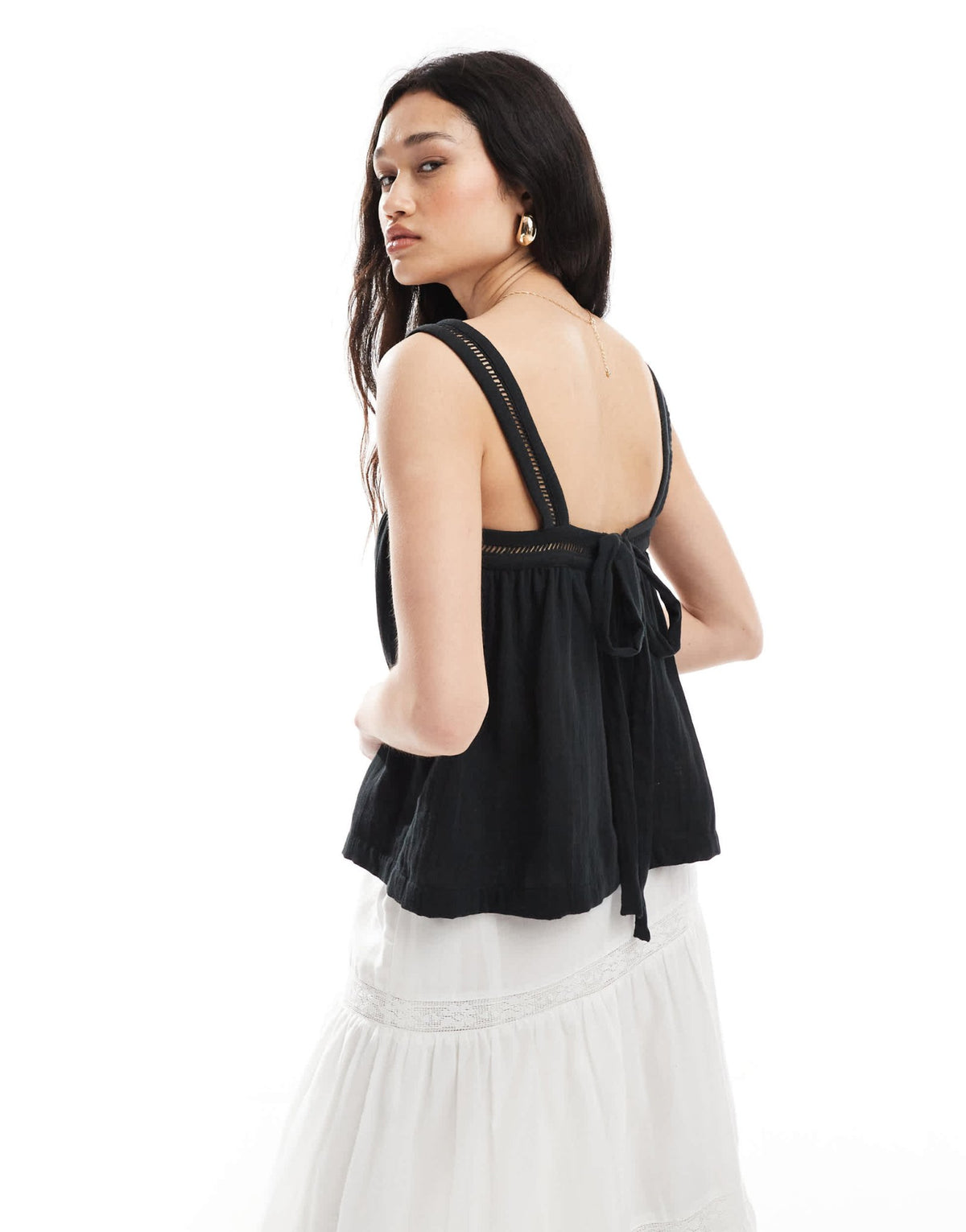 ASOS DESIGN crinkle cami top with lace insert detail and tie back in black - ASOS Sample Sale