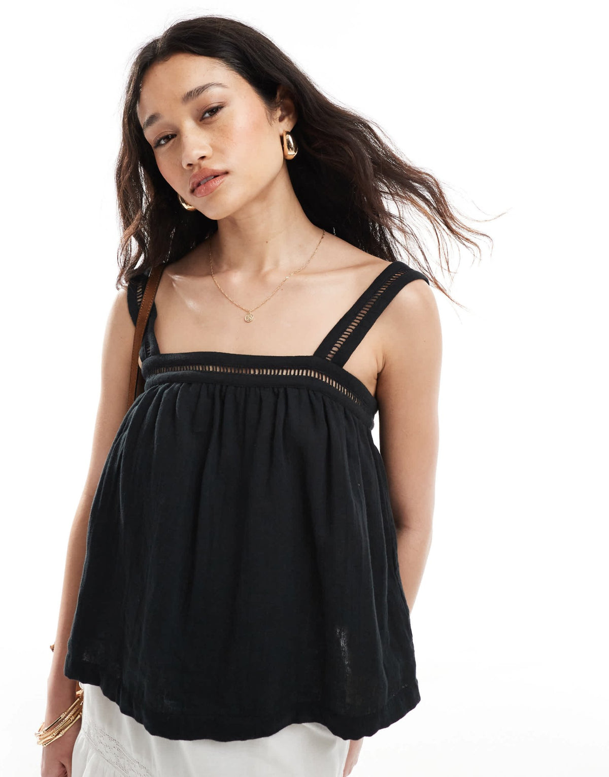 ASOS DESIGN crinkle cami top with lace insert detail and tie back in black - ASOS Sample Sale