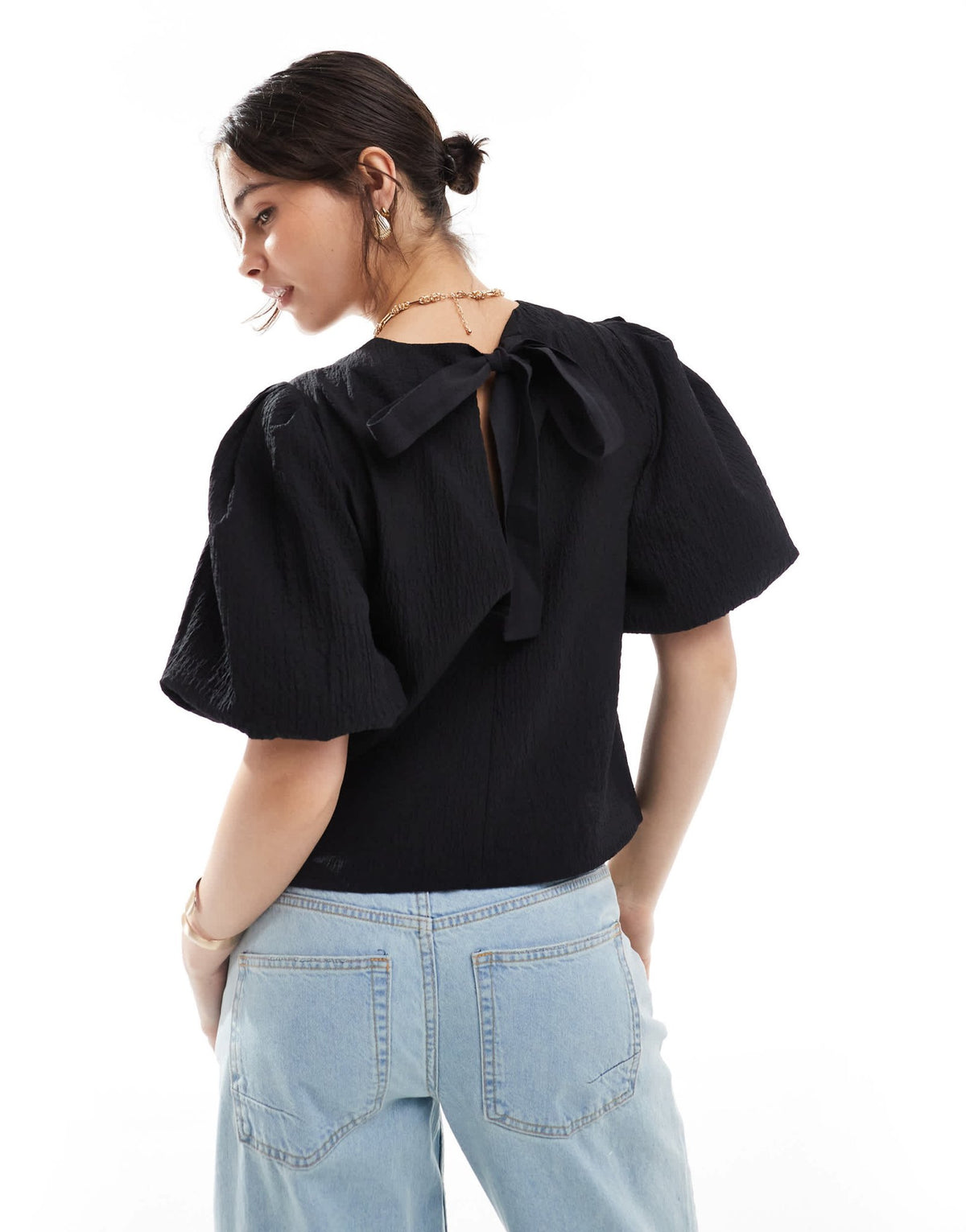 ASOS DESIGN crinkle fabric puff sleeve top in black - ASOS Sample Sale