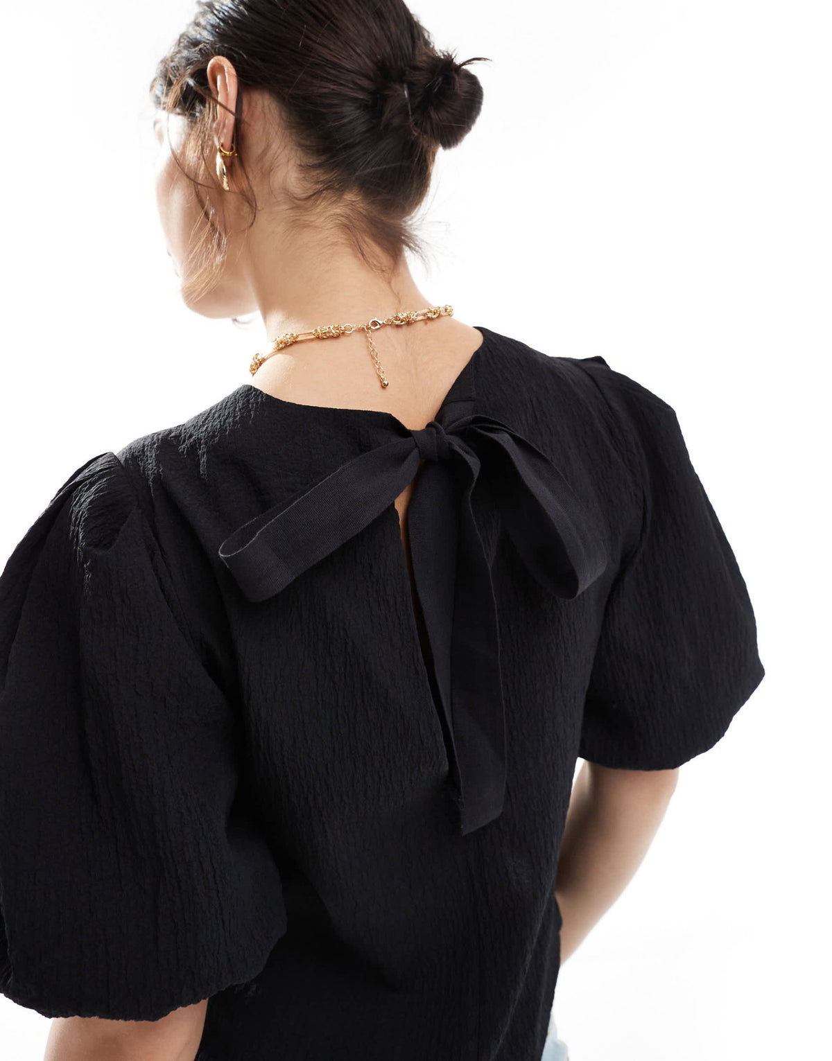 ASOS DESIGN crinkle fabric puff sleeve top in black - ASOS Sample Sale