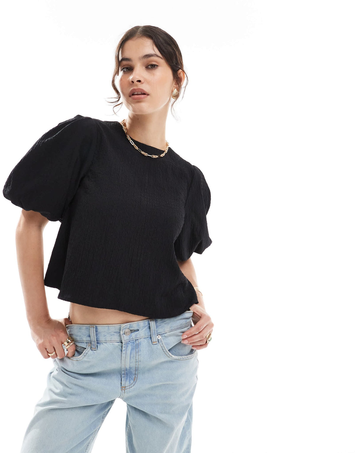 ASOS DESIGN crinkle fabric puff sleeve top in black - ASOS Sample Sale