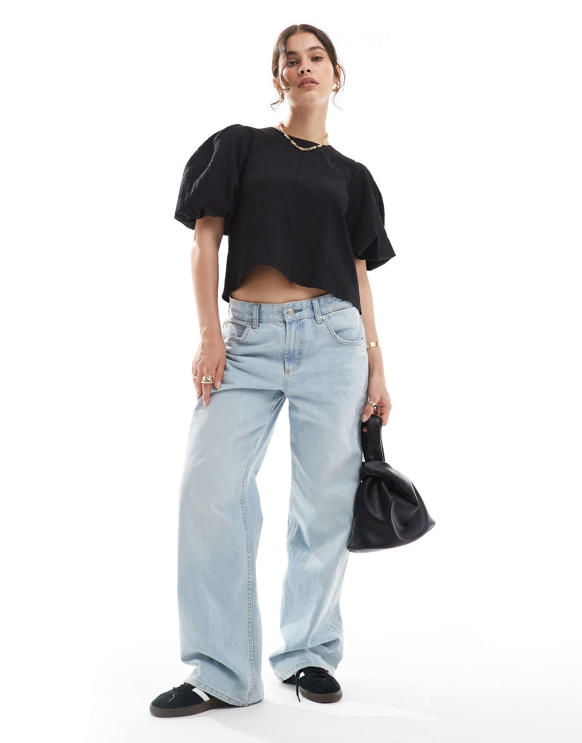 ASOS DESIGN crinkle fabric puff sleeve top in black - ASOS Sample Sale