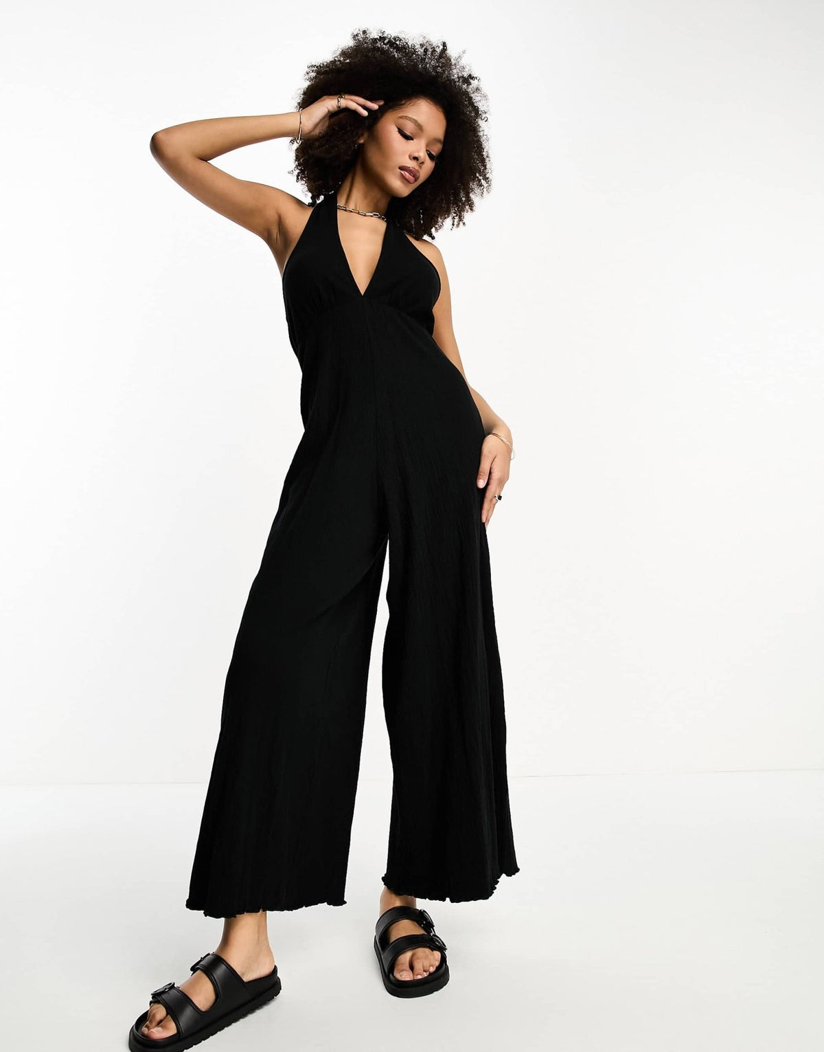 ASOS DESIGN crinkle jersey halter jumpsuit in black - ASOS Sample Sale