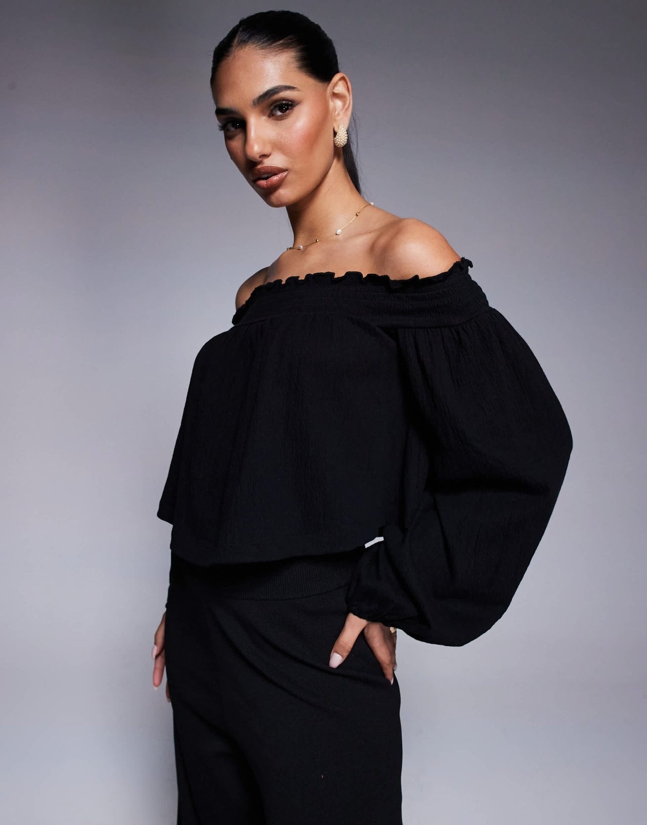 ASOS DESIGN crinkle off shoulder balloon sleeve top in black - ASOS Sample Sale