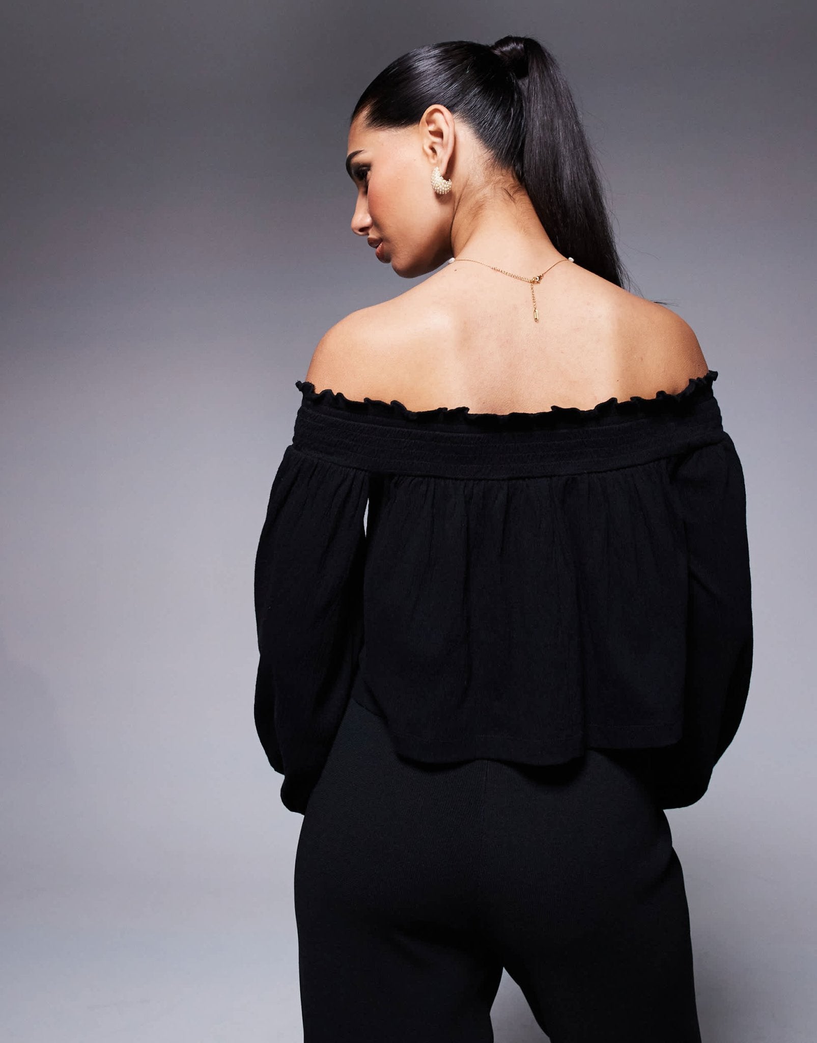 ASOS DESIGN crinkle off shoulder balloon sleeve top in black - ASOS Sample Sale