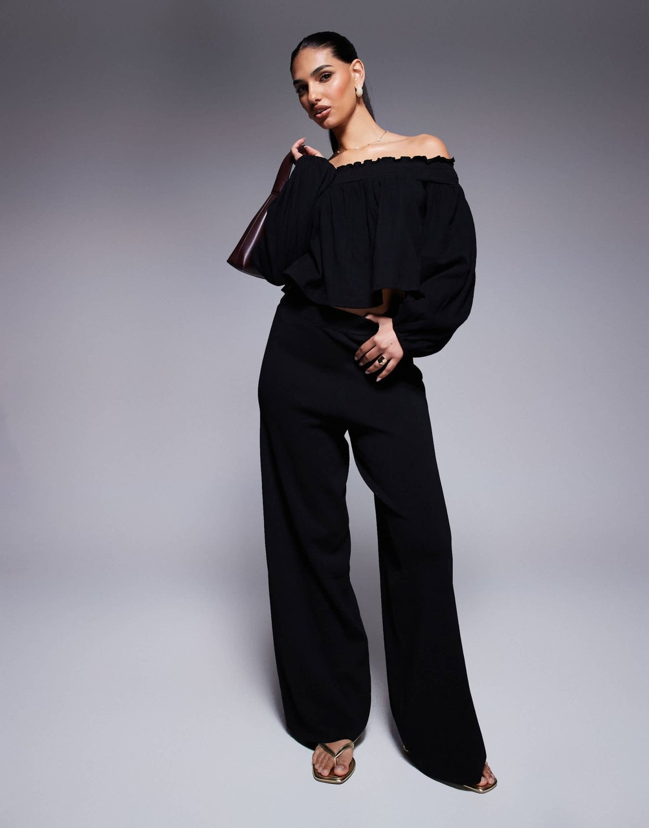 ASOS DESIGN crinkle off shoulder balloon sleeve top in black - ASOS Sample Sale