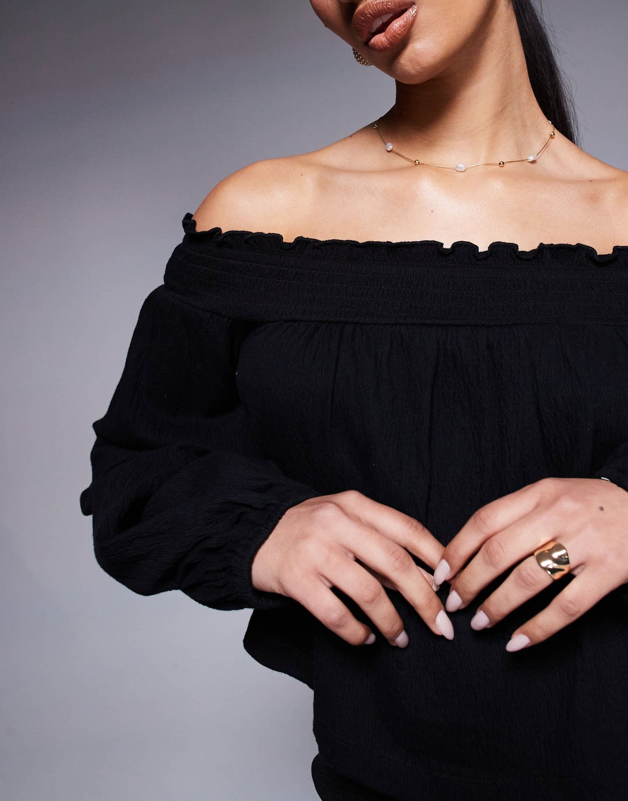 ASOS DESIGN crinkle off shoulder balloon sleeve top in black - ASOS Sample Sale