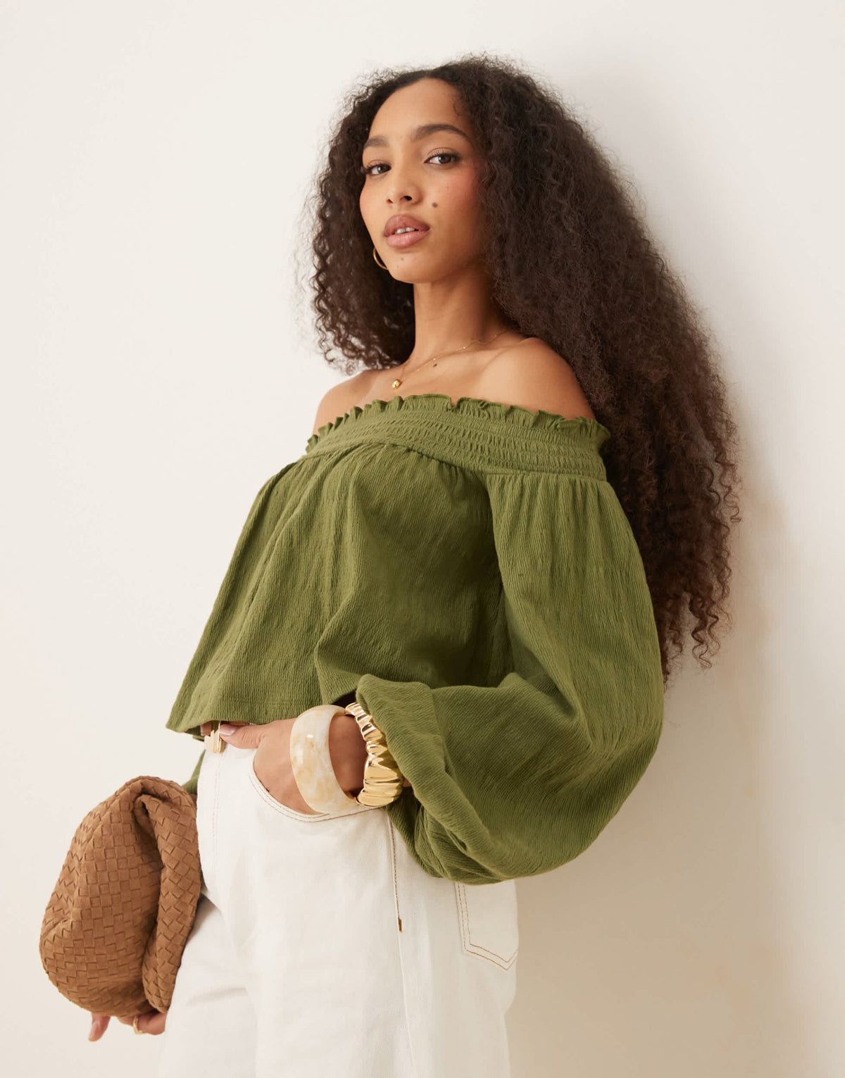 ASOS DESIGN crinkle off shoulder balloon sleeve top in olive - ASOS Sample Sale
