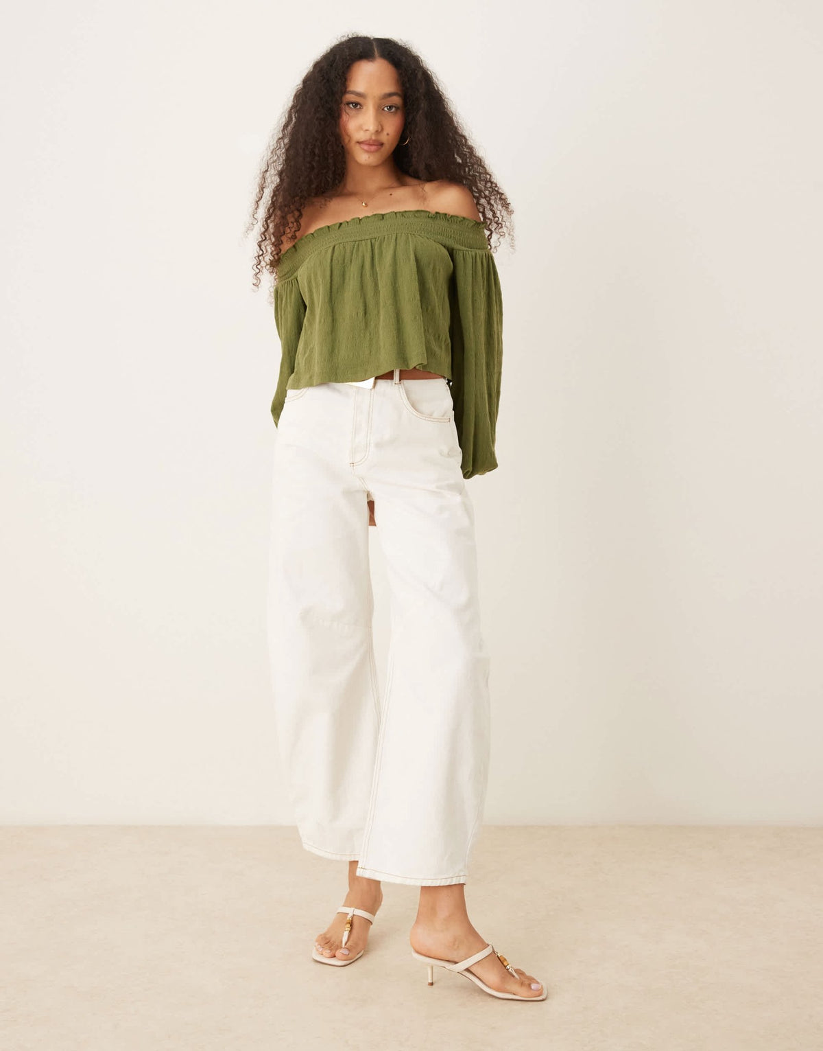 ASOS DESIGN crinkle off shoulder balloon sleeve top in olive - ASOS Sample Sale