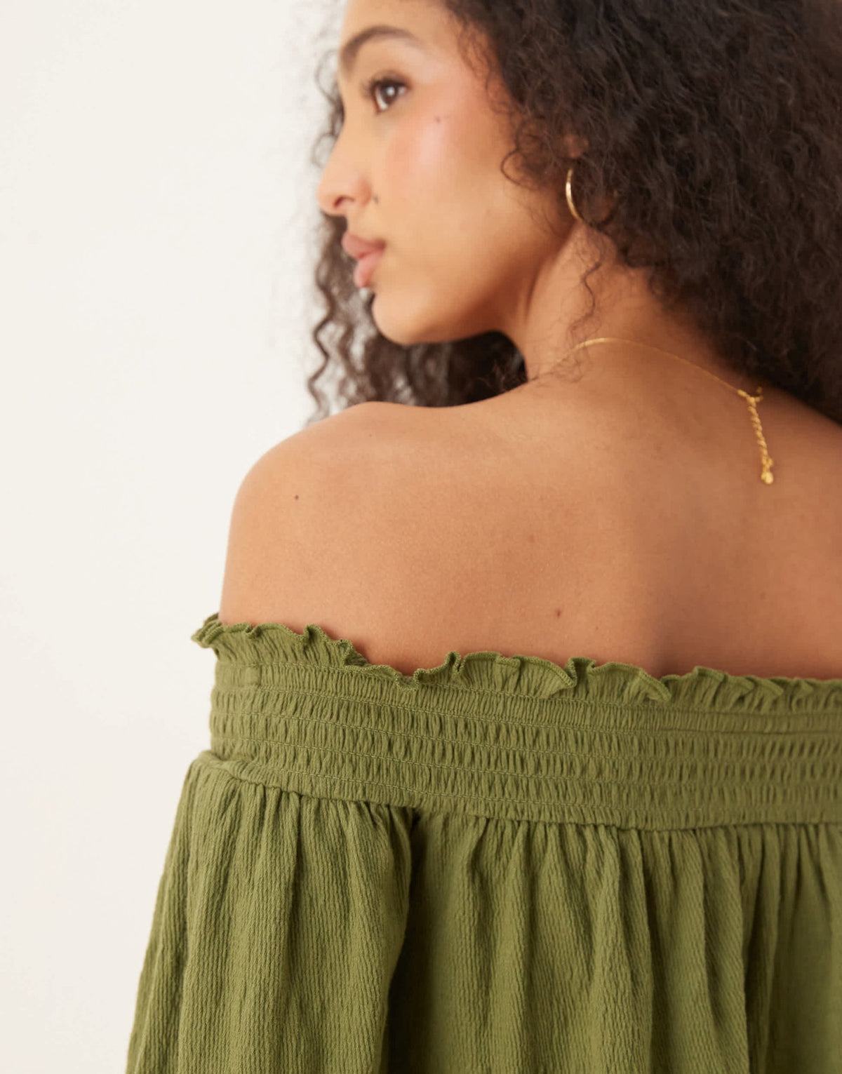 ASOS DESIGN crinkle off shoulder balloon sleeve top in olive - ASOS Sample Sale