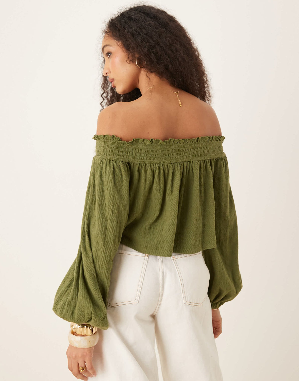 ASOS DESIGN crinkle off shoulder balloon sleeve top in olive - ASOS Sample Sale