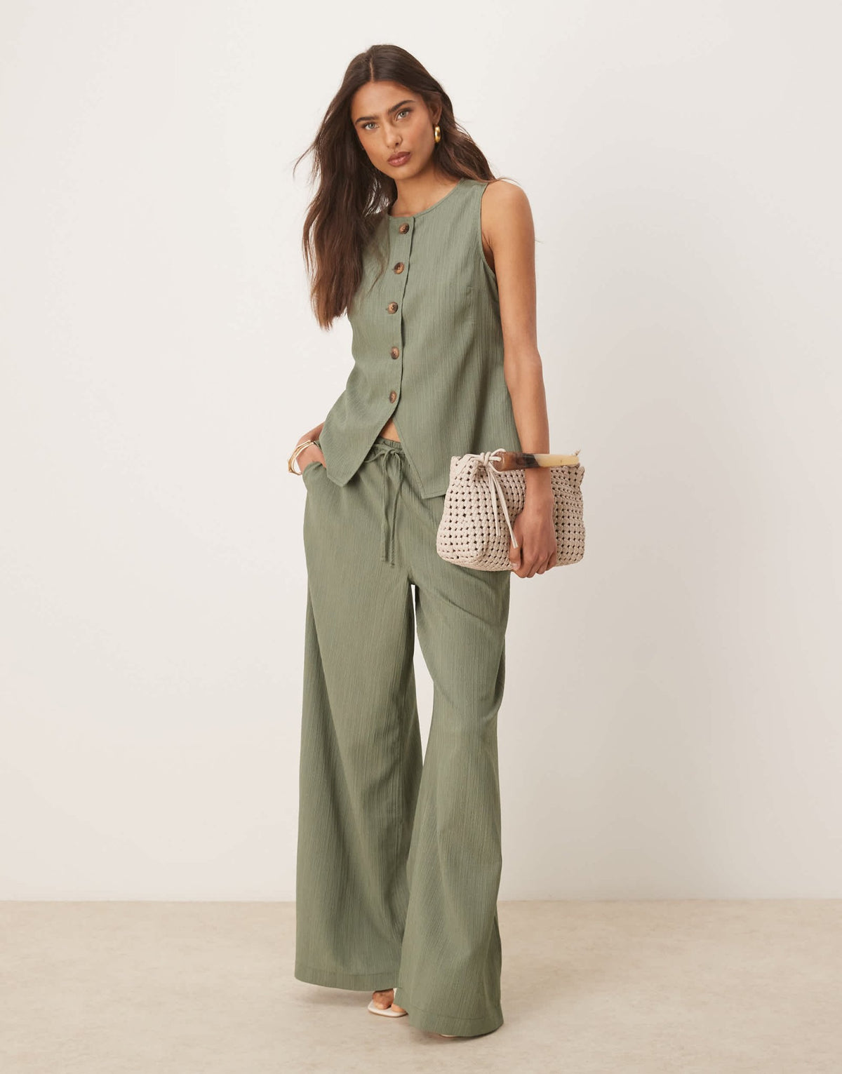 ASOS DESIGN crinkle palazzo trousers co-ord in olive - ASOS Sample Sale