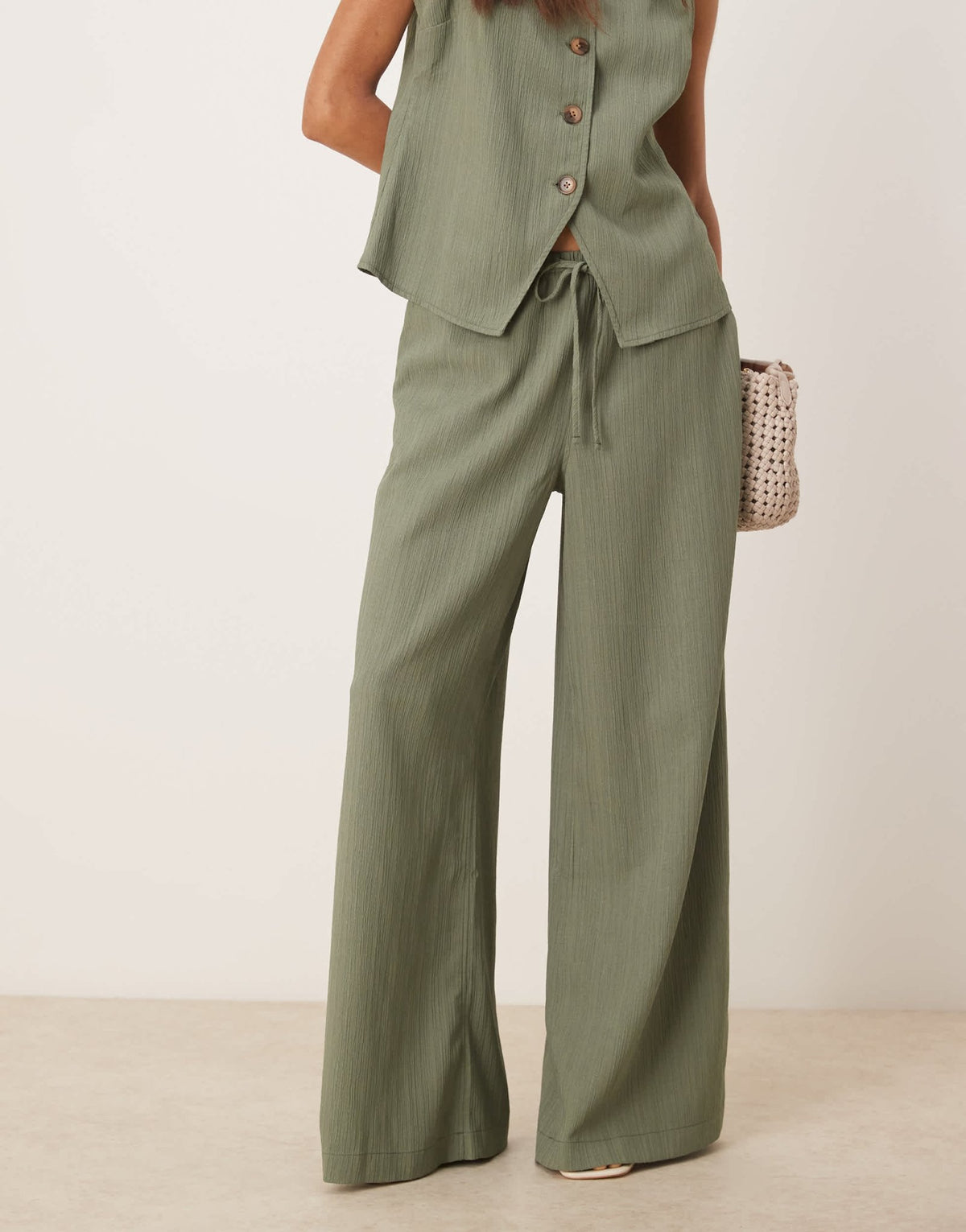 ASOS DESIGN crinkle palazzo trousers co-ord in olive - ASOS Sample Sale