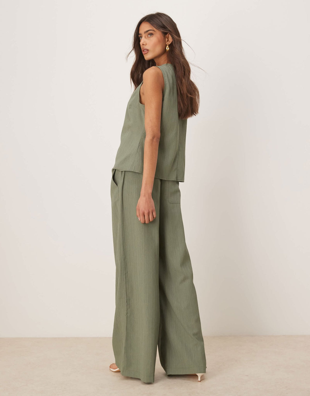 ASOS DESIGN crinkle palazzo trousers co-ord in olive - ASOS Sample Sale