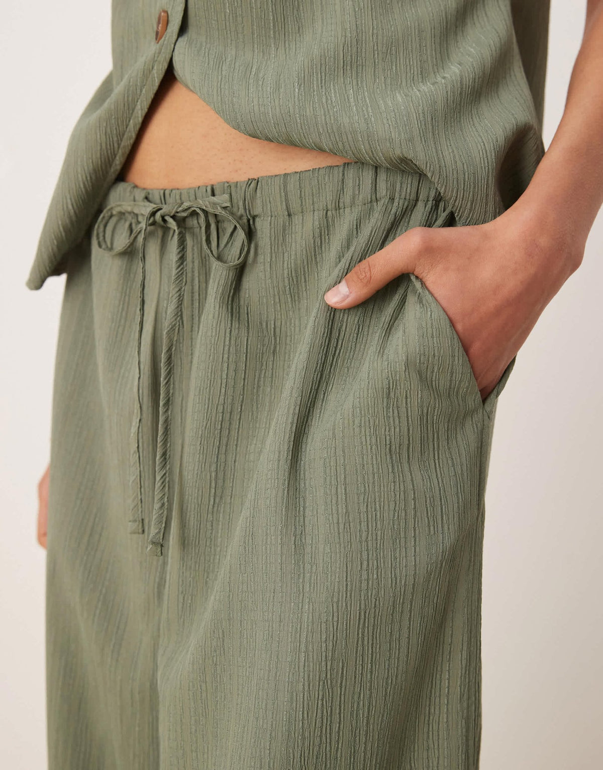 ASOS DESIGN crinkle palazzo trousers co-ord in olive - ASOS Sample Sale