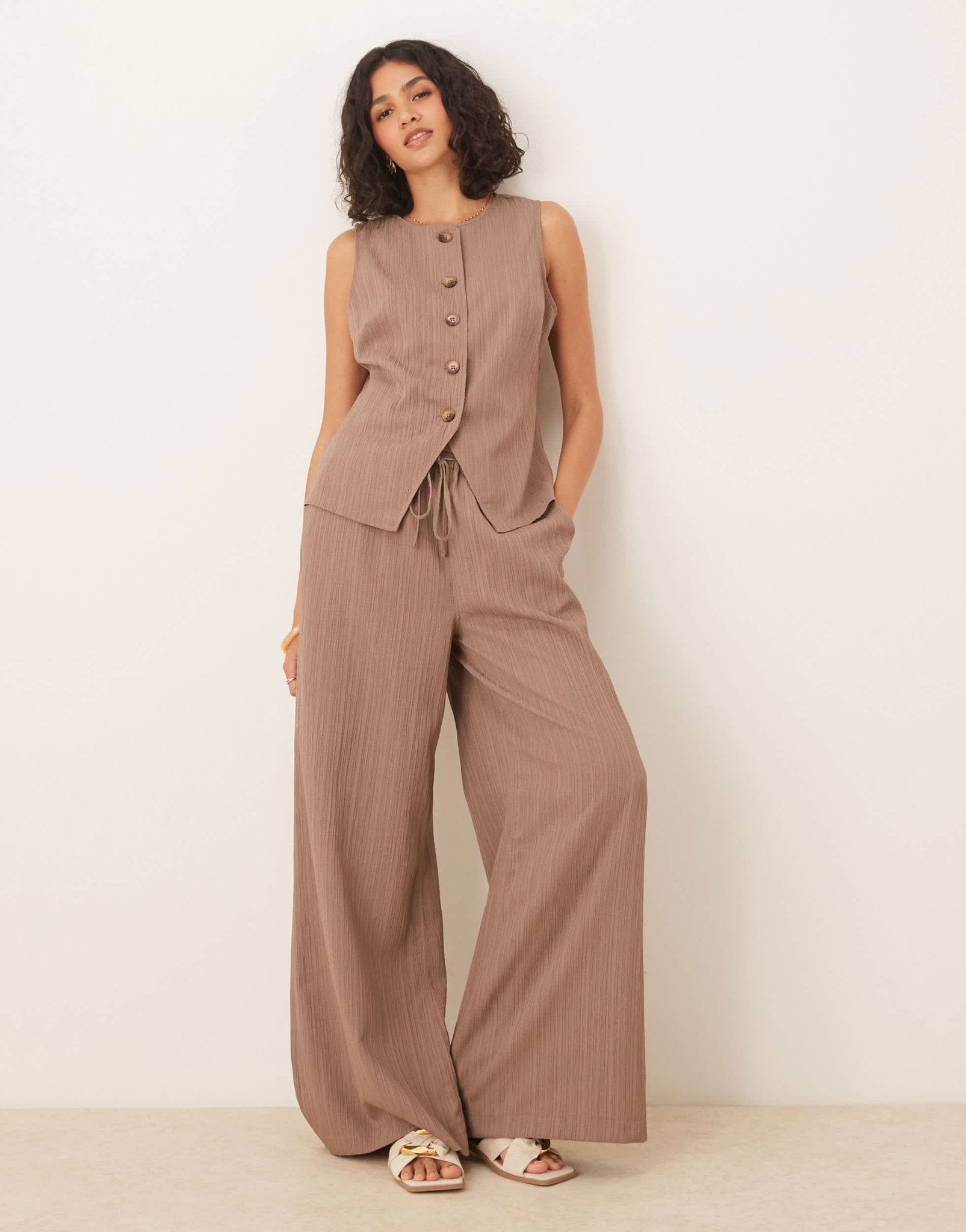 ASOS DESIGN crinkle palazzo trousers co-ord in taupe - ASOS Sample Sale