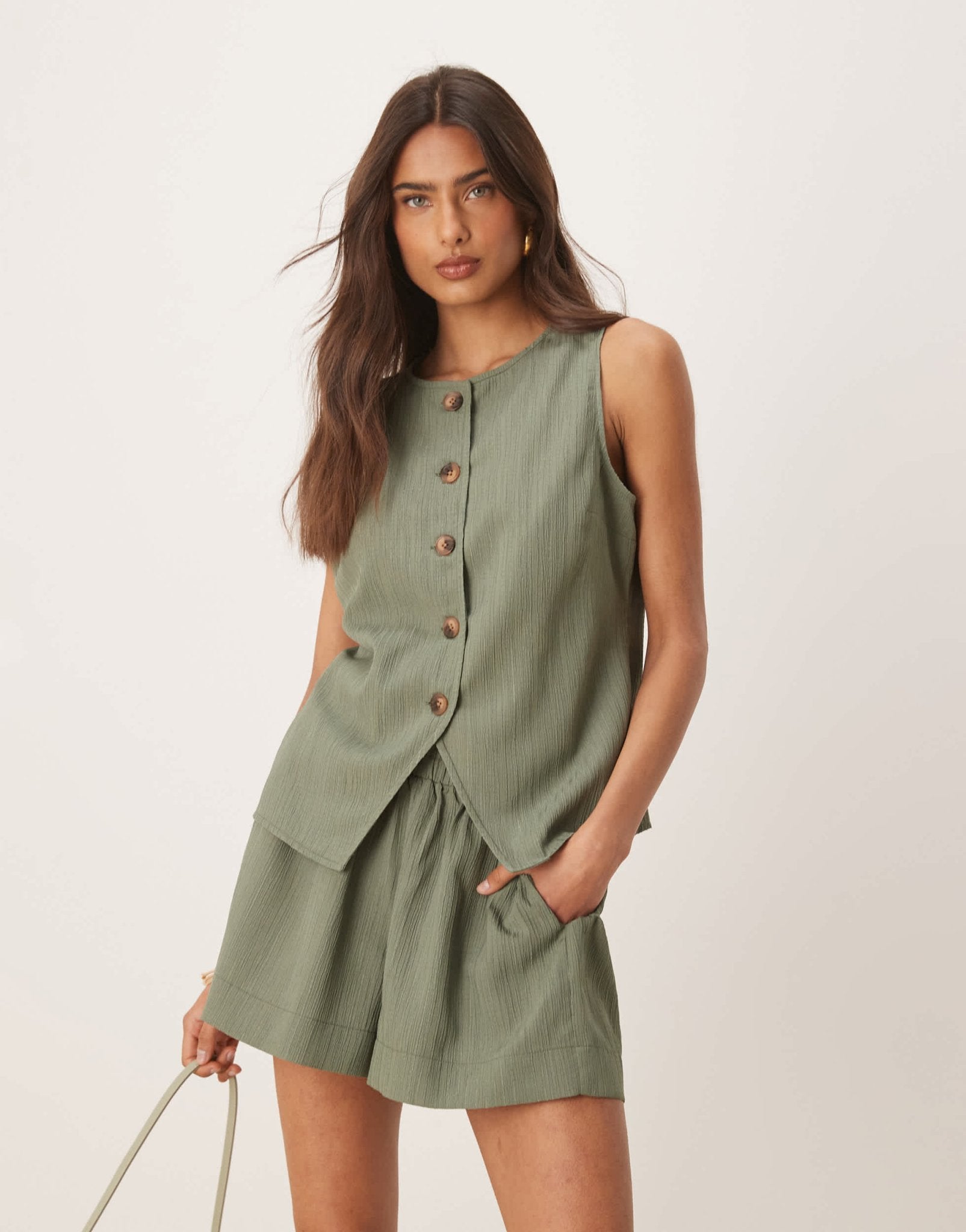 ASOS DESIGN crinkle pull on shorts co - ord in olive - ASOS Sample Sale
