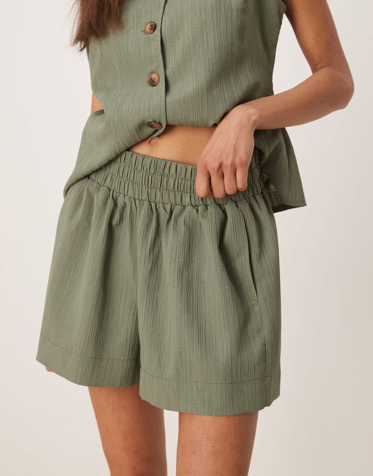 ASOS DESIGN crinkle pull on shorts co - ord in olive - ASOS Sample Sale