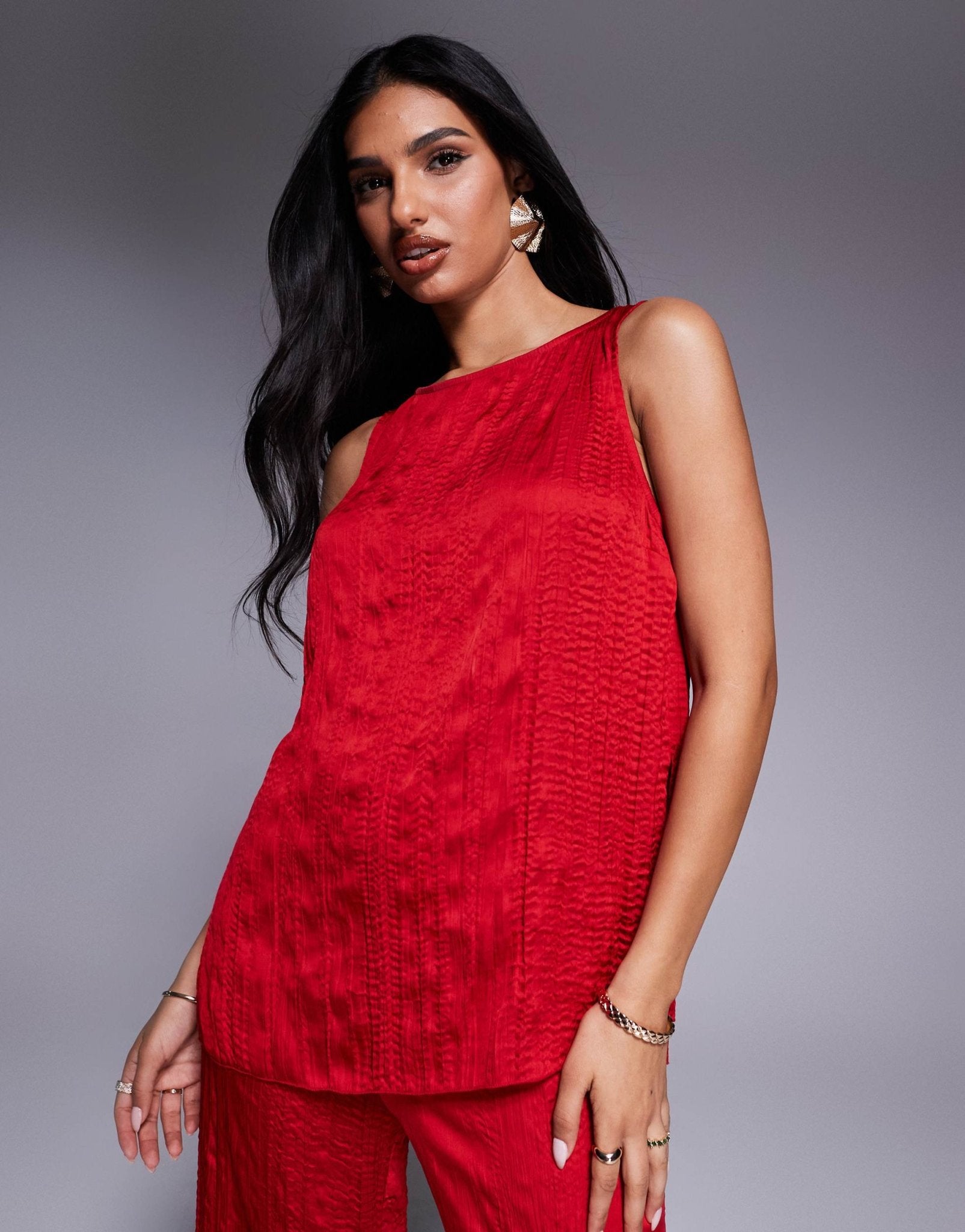 ASOS DESIGN crinkle satin boat neck tank top co-ord in cherry red - ASOS Sample Sale