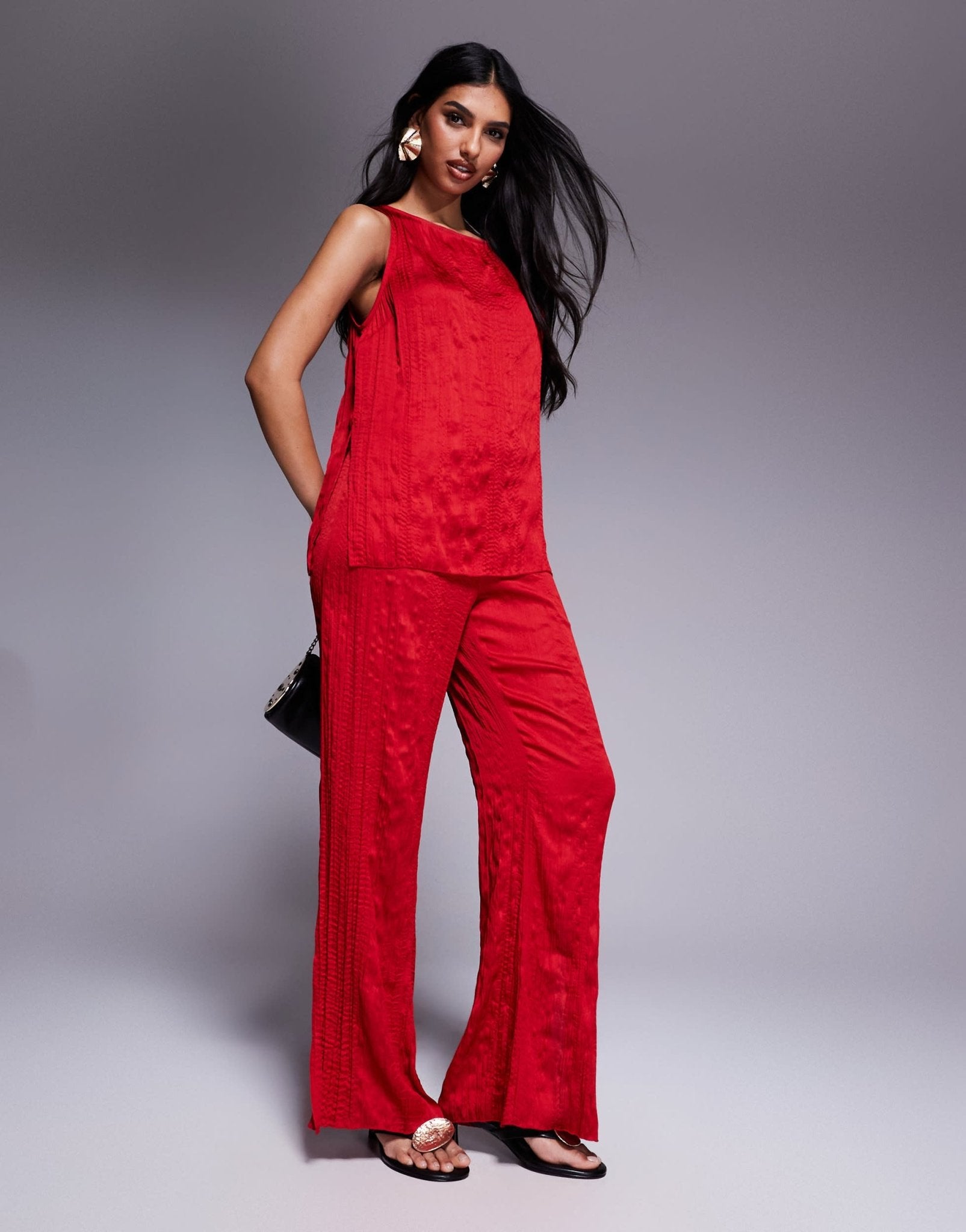 ASOS DESIGN crinkle satin boat neck tank top co-ord in cherry red - ASOS Sample Sale