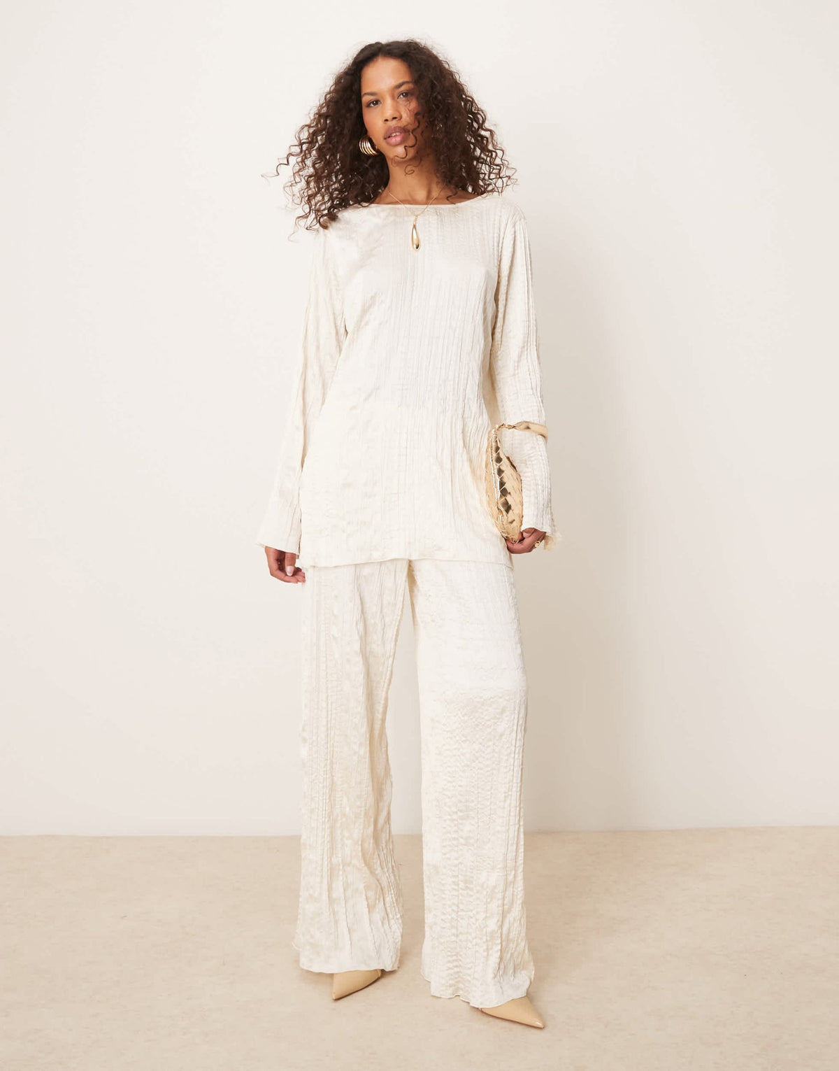 ASOS DESIGN crinkle satin wide leg trousers co-ord in off white - ASOS Sample Sale
