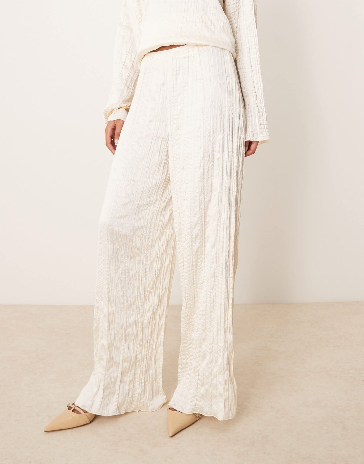 ASOS DESIGN crinkle satin wide leg trousers co-ord in off white - ASOS Sample Sale