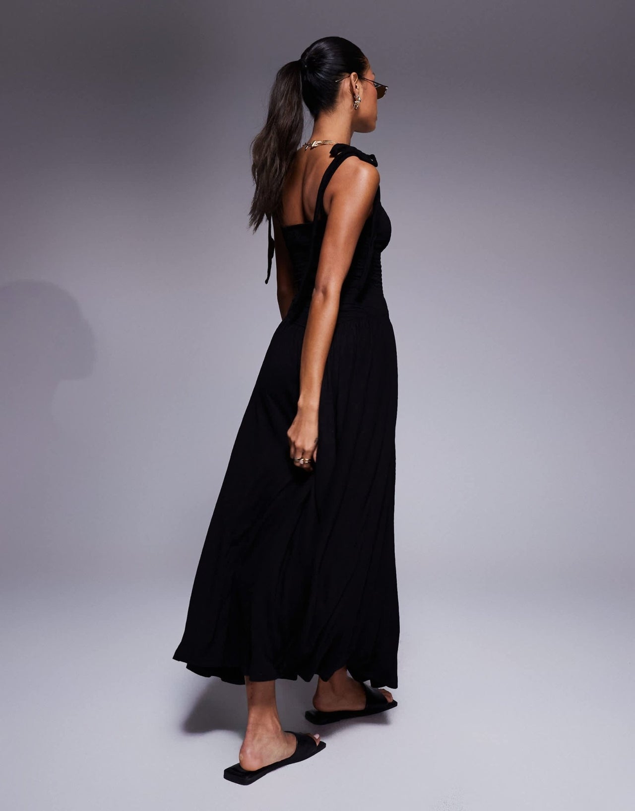 ASOS DESIGN crinkle shirred bodice tie cami strap midi sundress in black - ASOS Sample Sale