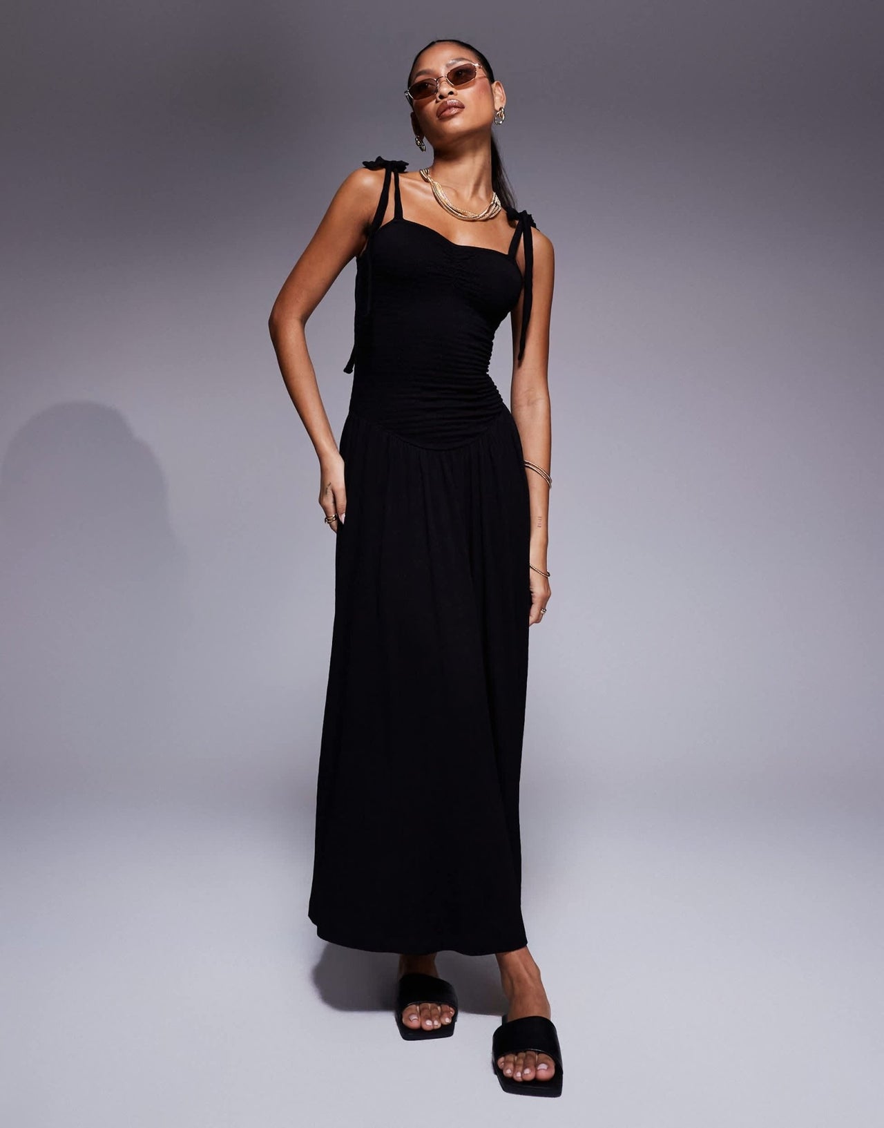 ASOS DESIGN crinkle shirred bodice tie cami strap midi sundress in black - ASOS Sample Sale