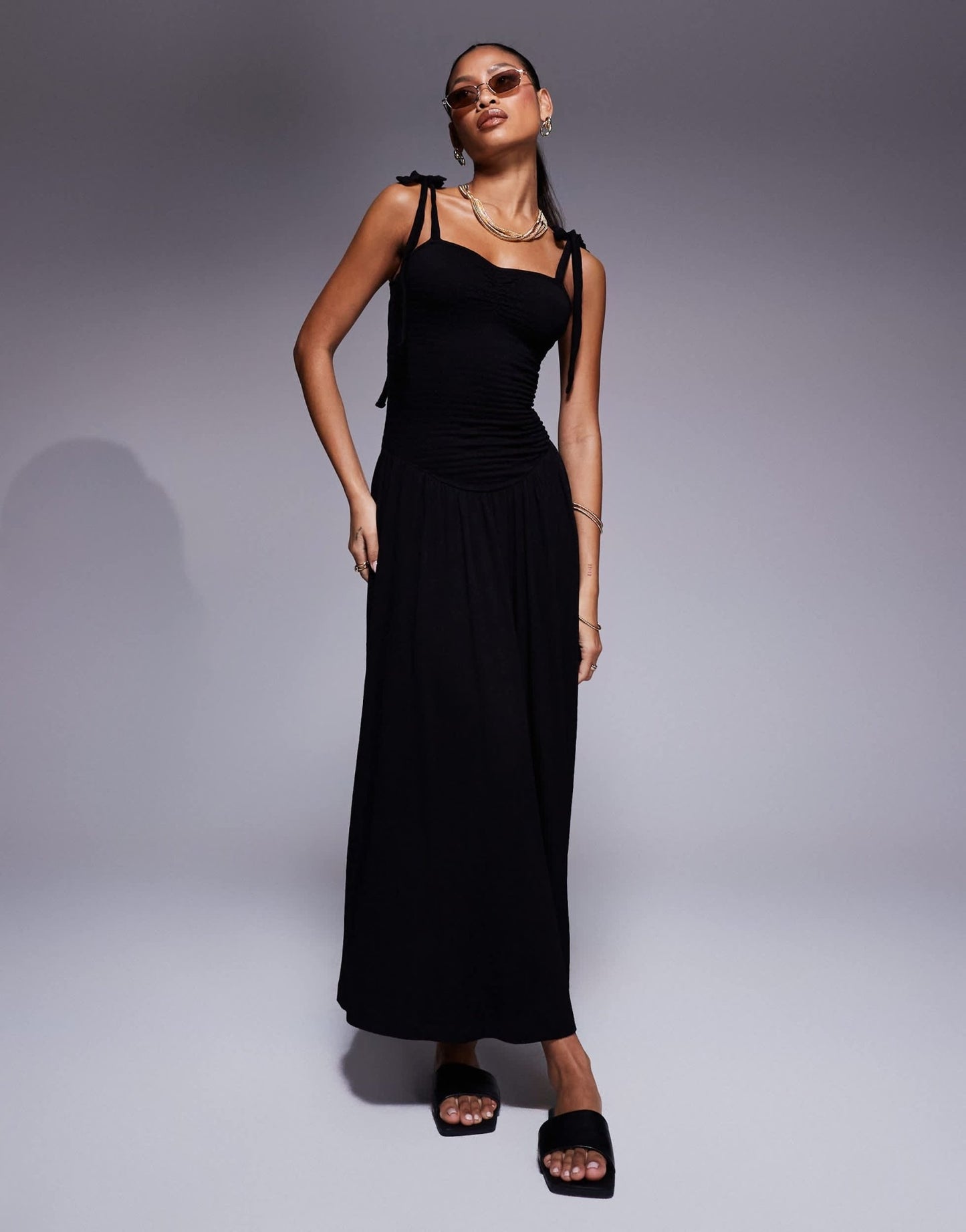 ASOS DESIGN crinkle shirred bodice tie cami strap midi sundress in black - ASOS Sample Sale