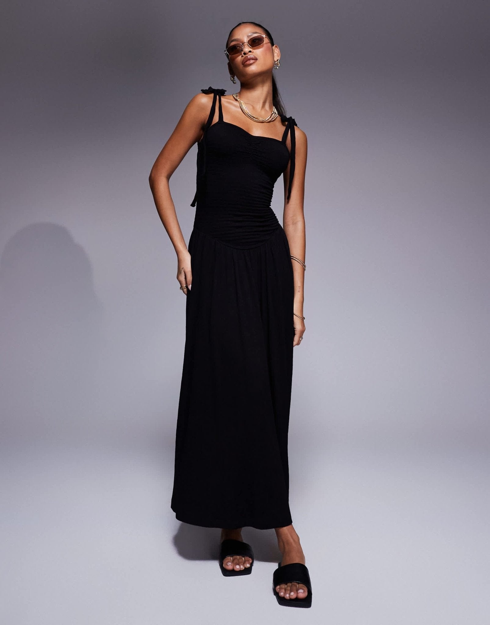 ASOS DESIGN crinkle shirred bodice tie cami strap midi sundress in black - ASOS Sample Sale