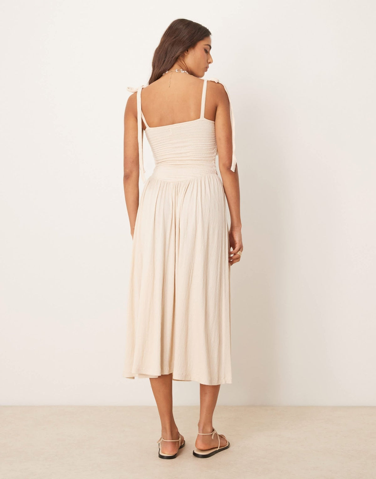 ASOS DESIGN crinkle shirred bodice tie cami strap midi sundress in stone - ASOS Sample Sale