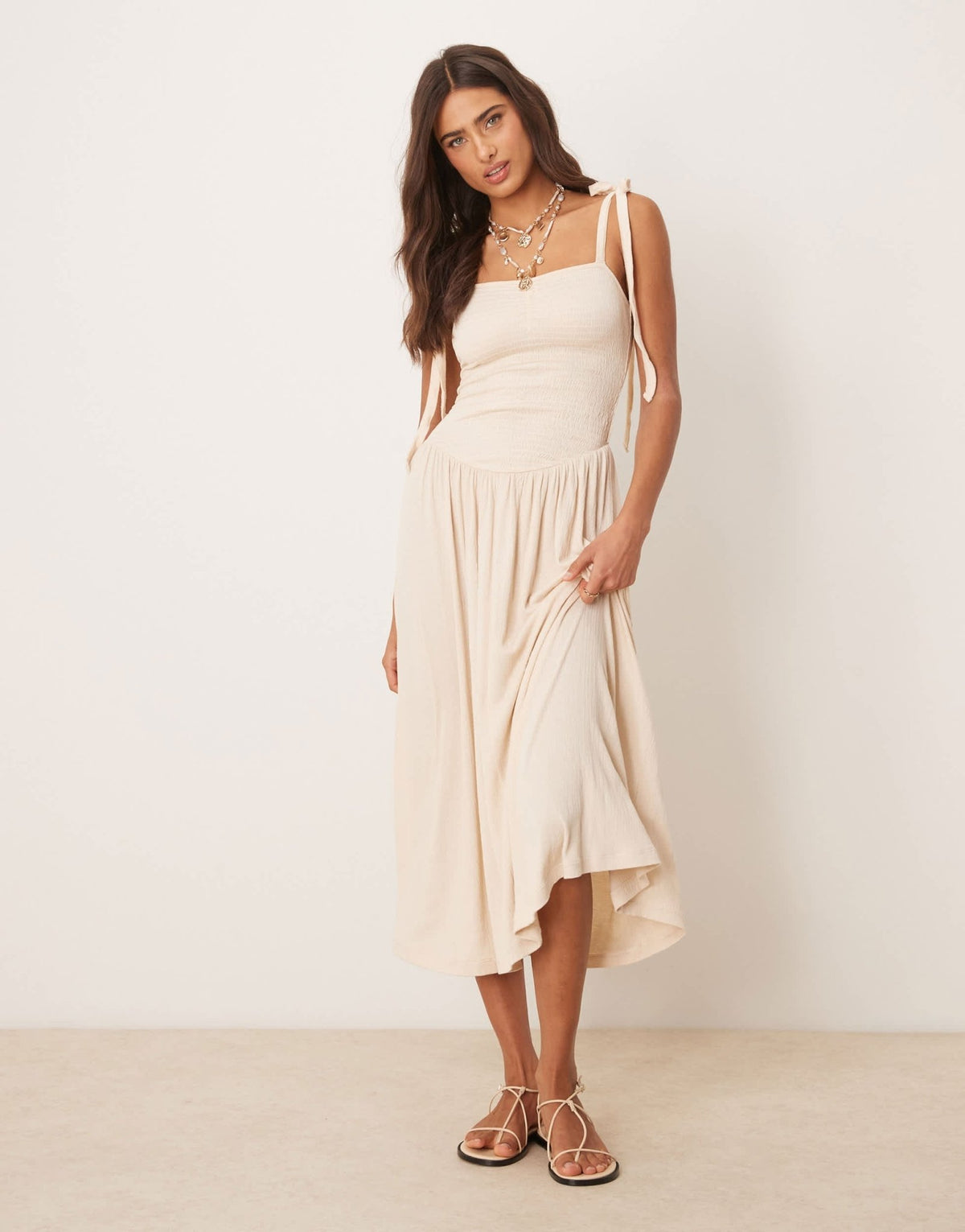 ASOS DESIGN crinkle shirred bodice tie cami strap midi sundress in stone - ASOS Sample Sale