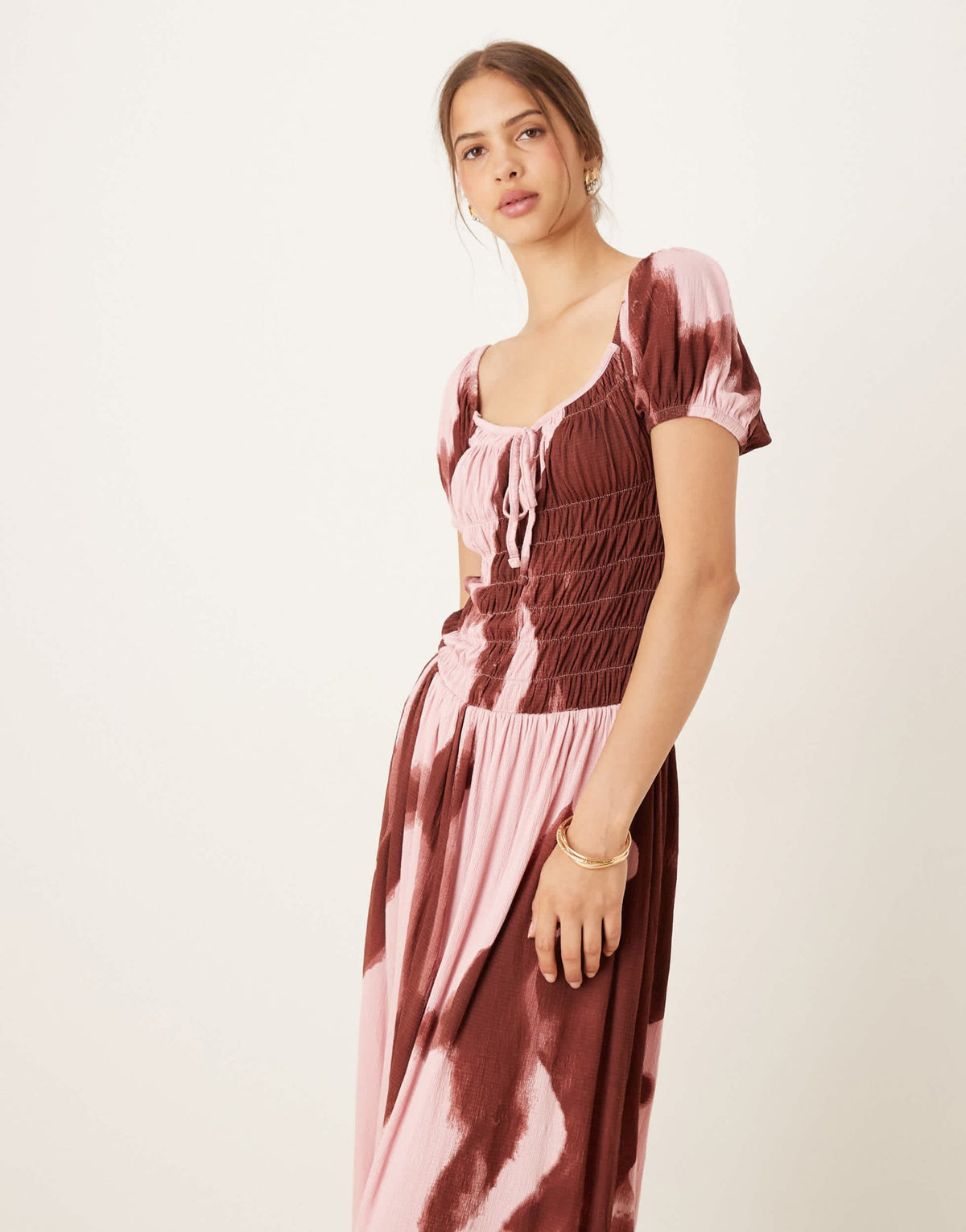 ASOS DESIGN crinkle shirred waist milkmaid puff sleeve midi tea dress in abstract floral - MULTI - ASOS Sample Sale