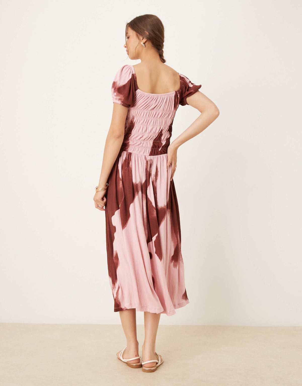 ASOS DESIGN crinkle shirred waist milkmaid puff sleeve midi tea dress in abstract floral - MULTI - ASOS Sample Sale