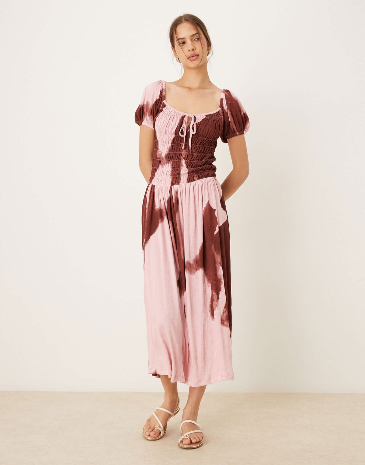 ASOS DESIGN crinkle shirred waist milkmaid puff sleeve midi tea dress in abstract floral - MULTI - ASOS Sample Sale