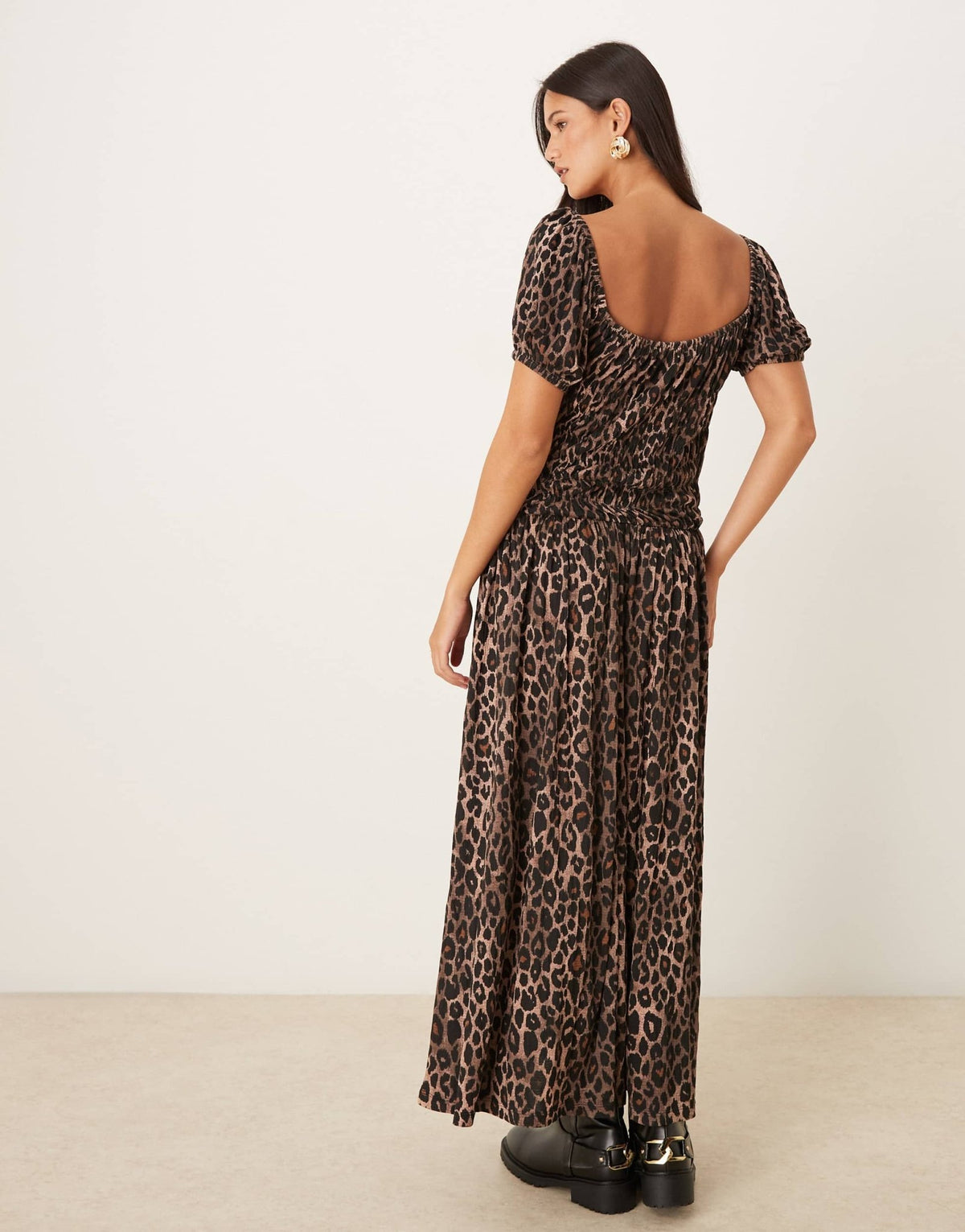 ASOS DESIGN crinkle shirred waist milkmaid puff sleeve midi tea dress in leopard print - ASOS Sample Sale