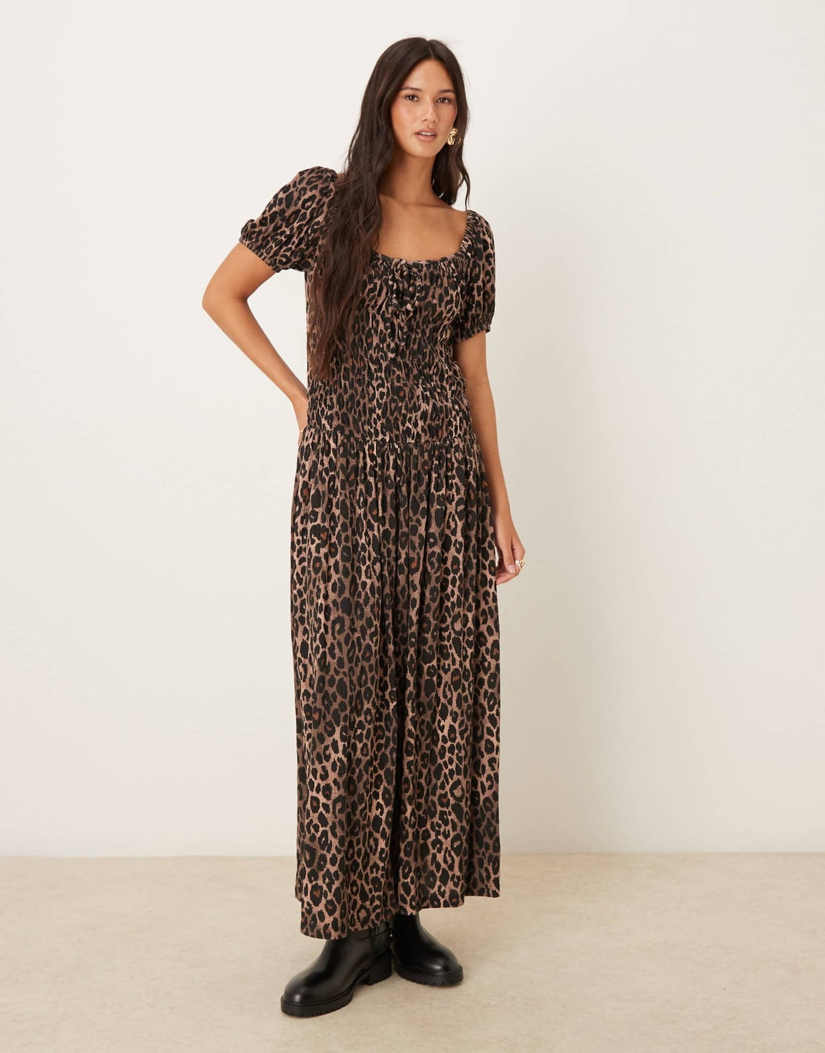 ASOS DESIGN crinkle shirred waist milkmaid puff sleeve midi tea dress in leopard print - ASOS Sample Sale