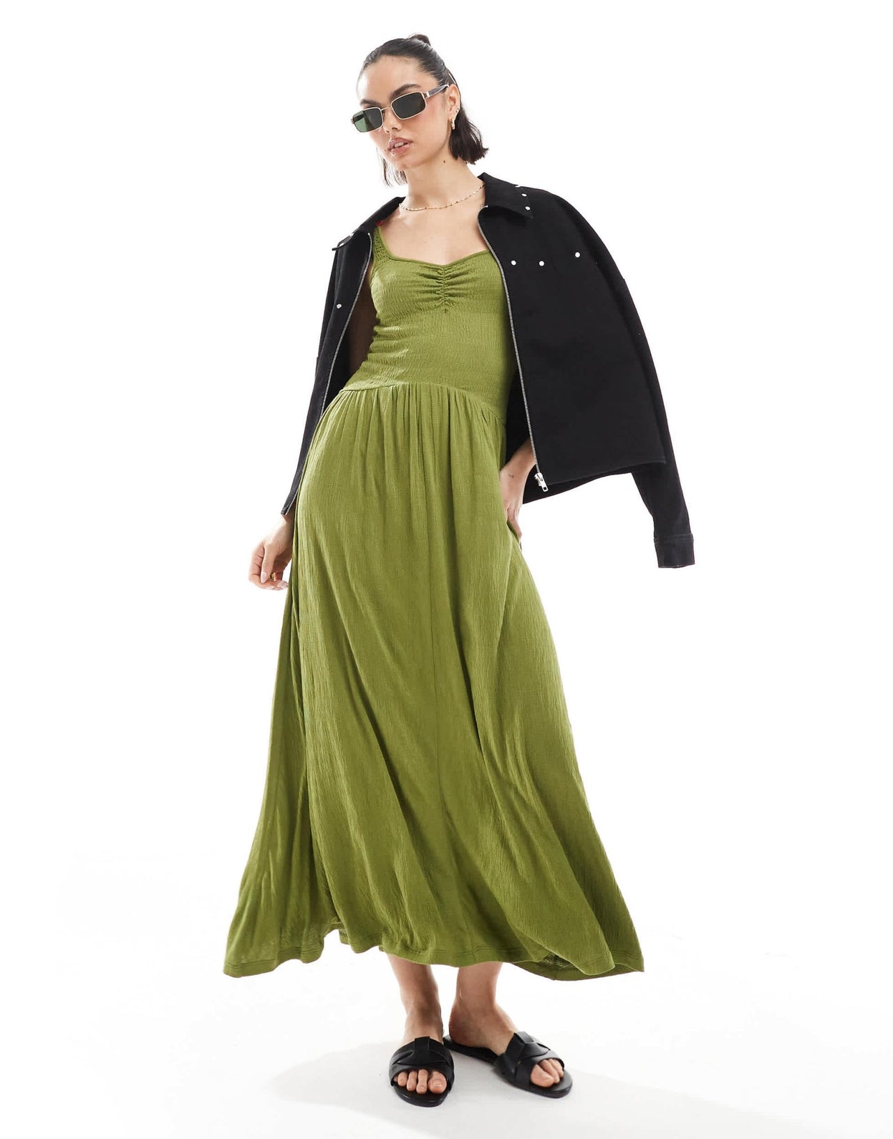 ASOS DESIGN crinkle sweetheart neck midi dress in olive - ASOS Sample Sale