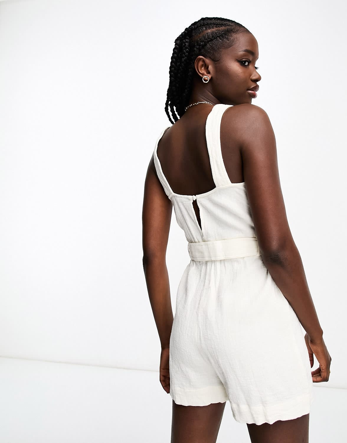 ASOS DESIGN crinkle utility playsuit with self belt in white - ASOS Sample Sale